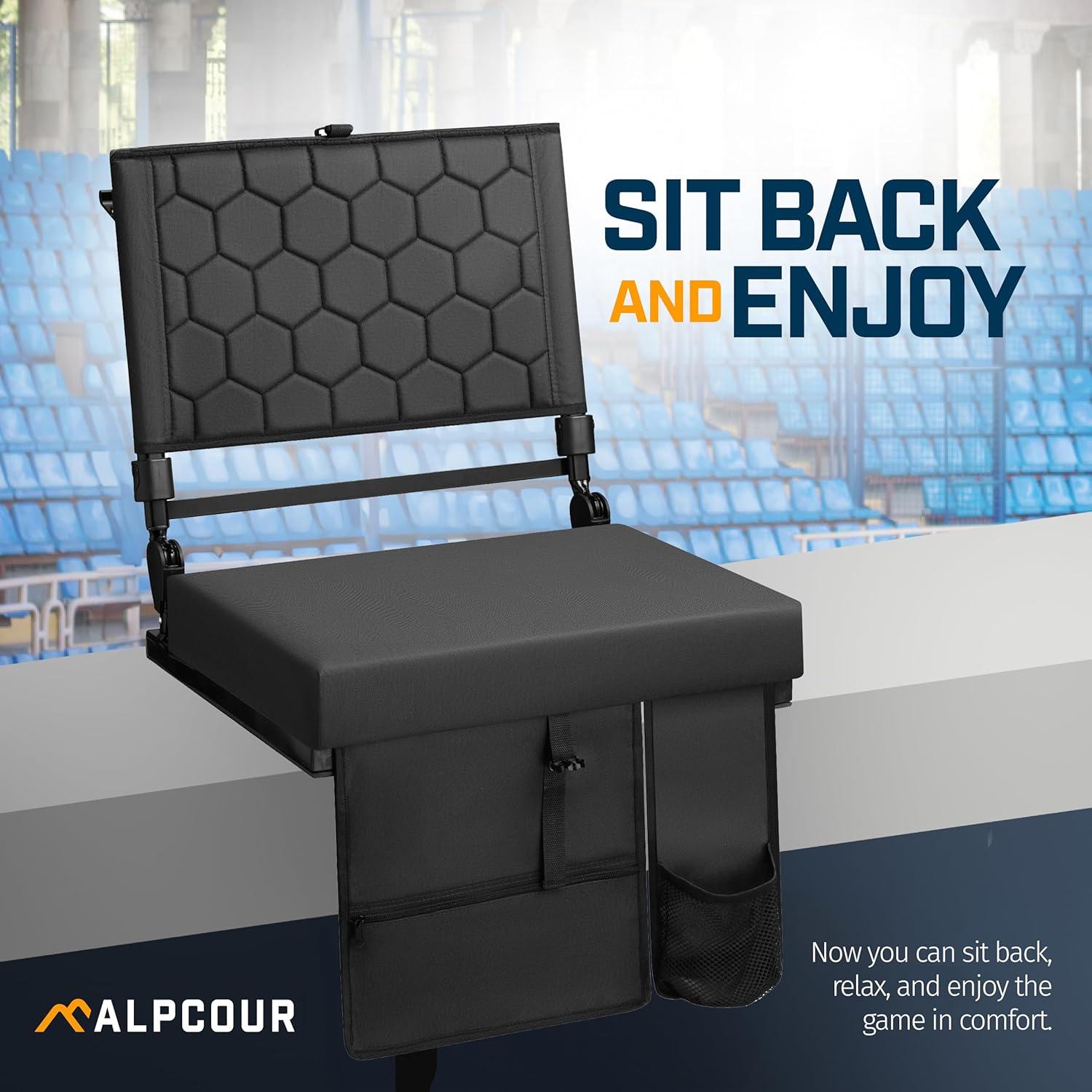 Extra Wide Folding Reclining Stadium Seat with Back Suppot for Bleachers, Bleacher Hooks, Thick Cushion, Cup Holder, Storage Pockets – Portable Chair for Kayak, Canoe, Paddle Board, Concerts, & Sports