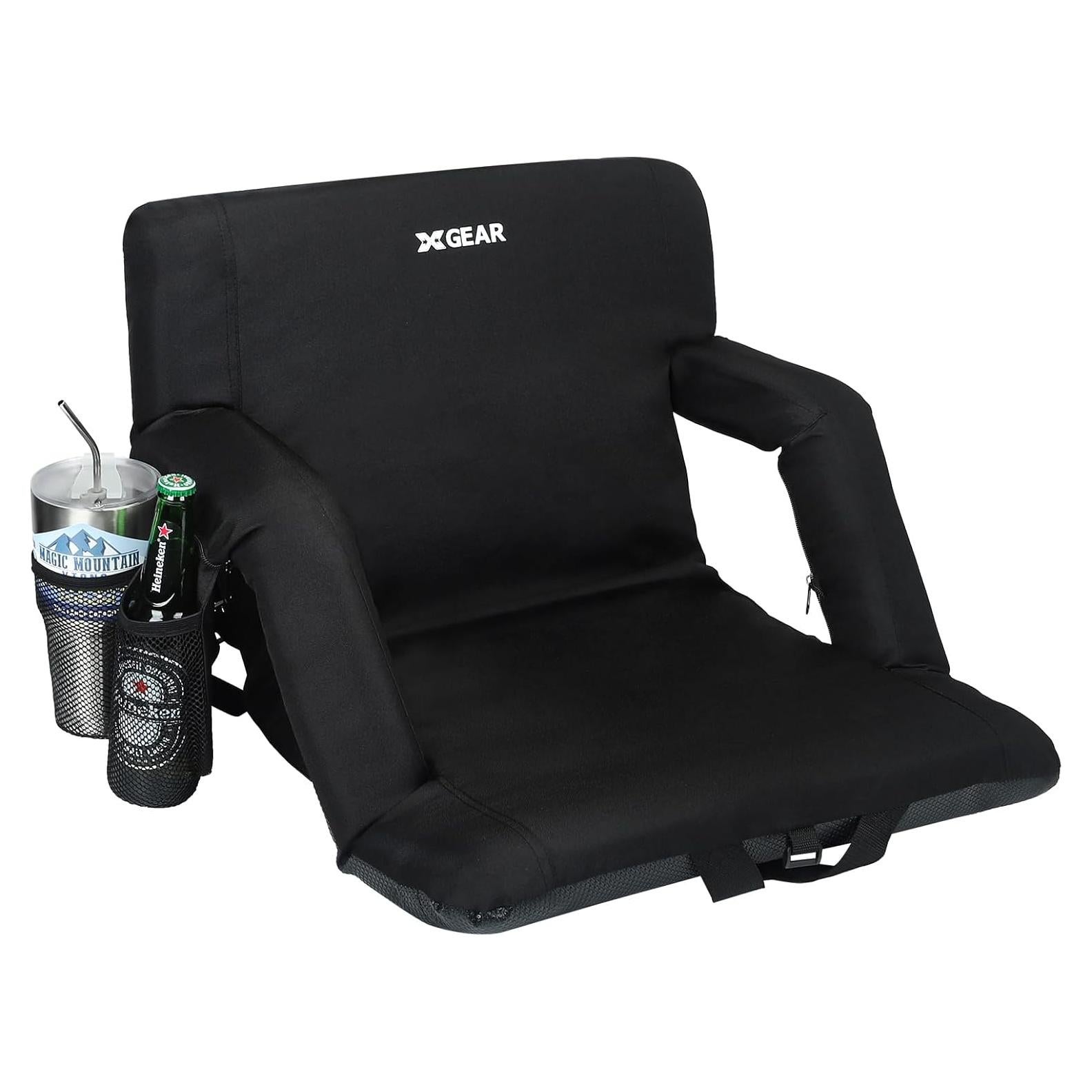 XGEAR Bleacher Chairs with Back and Cushion Extra Thick Padded Cushion Chair Back and Armrest Support， Water Resistant and Lightweight Stadium Chair, 6 Reclining Positions Adjustable