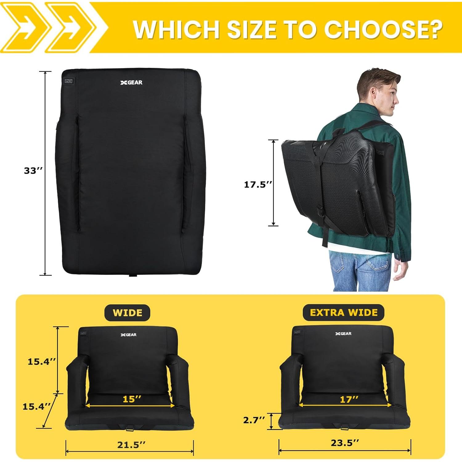 XGEAR Bleacher Chairs with Back and Cushion Extra Thick Padded Cushion Chair Back and Armrest Support， Water Resistant and Lightweight Stadium Chair, 6 Reclining Positions Adjustable