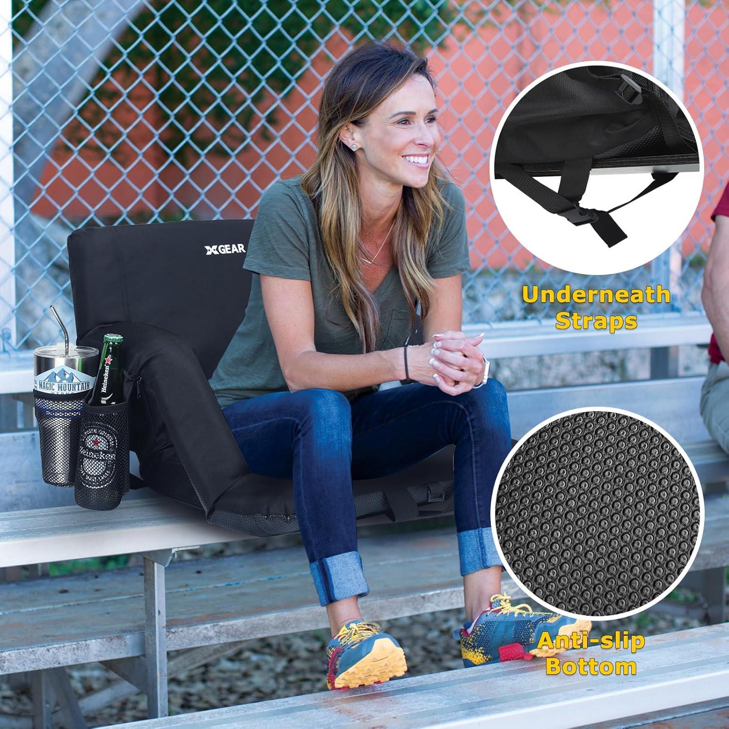 XGEAR Bleacher Chairs with Back and Cushion Extra Thick Padded Cushion Chair Back and Armrest Support， Water Resistant and Lightweight Stadium Chair, 6 Reclining Positions Adjustable