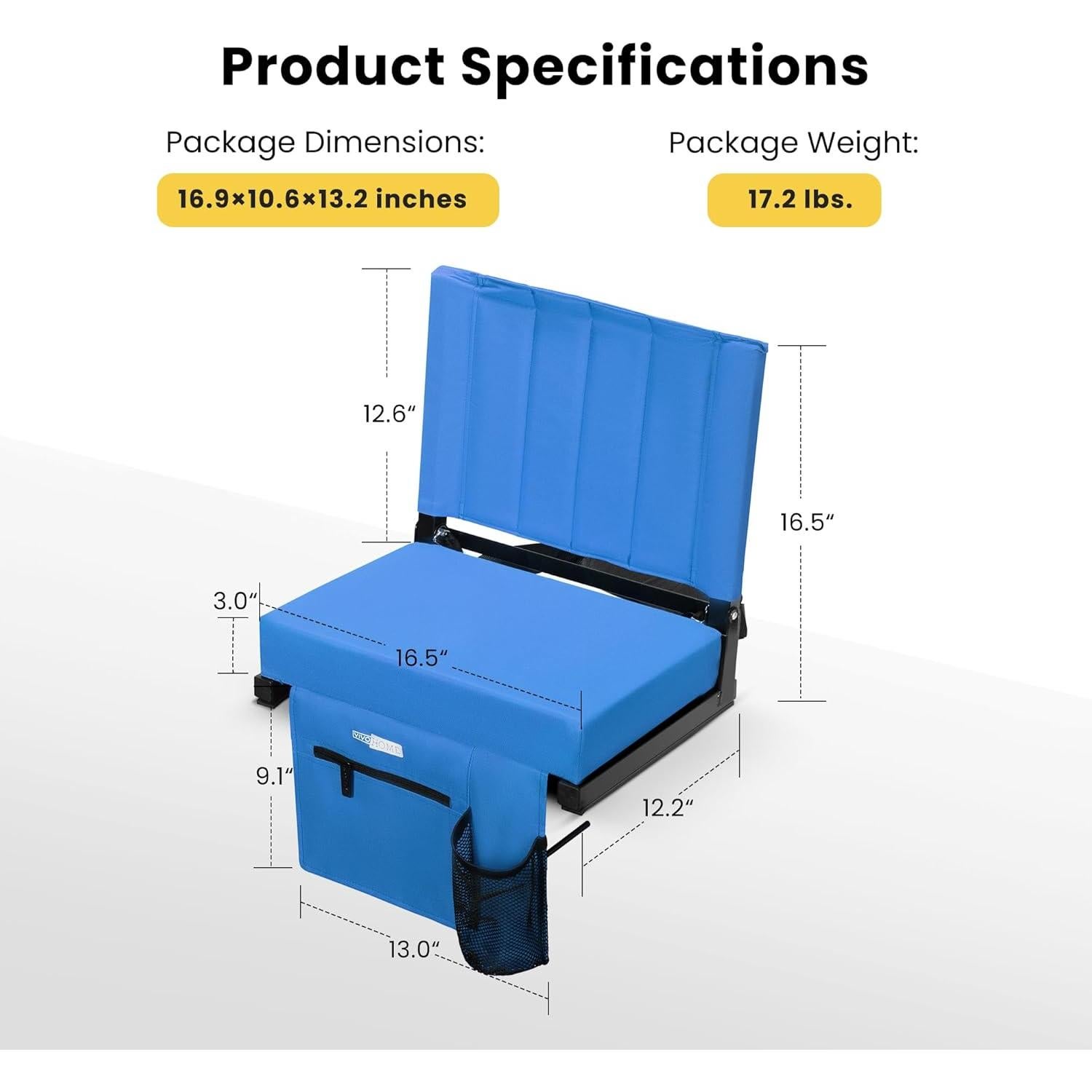 Silla de Estadio VIVOHOME Azul Plegable con Cojín y Soporte