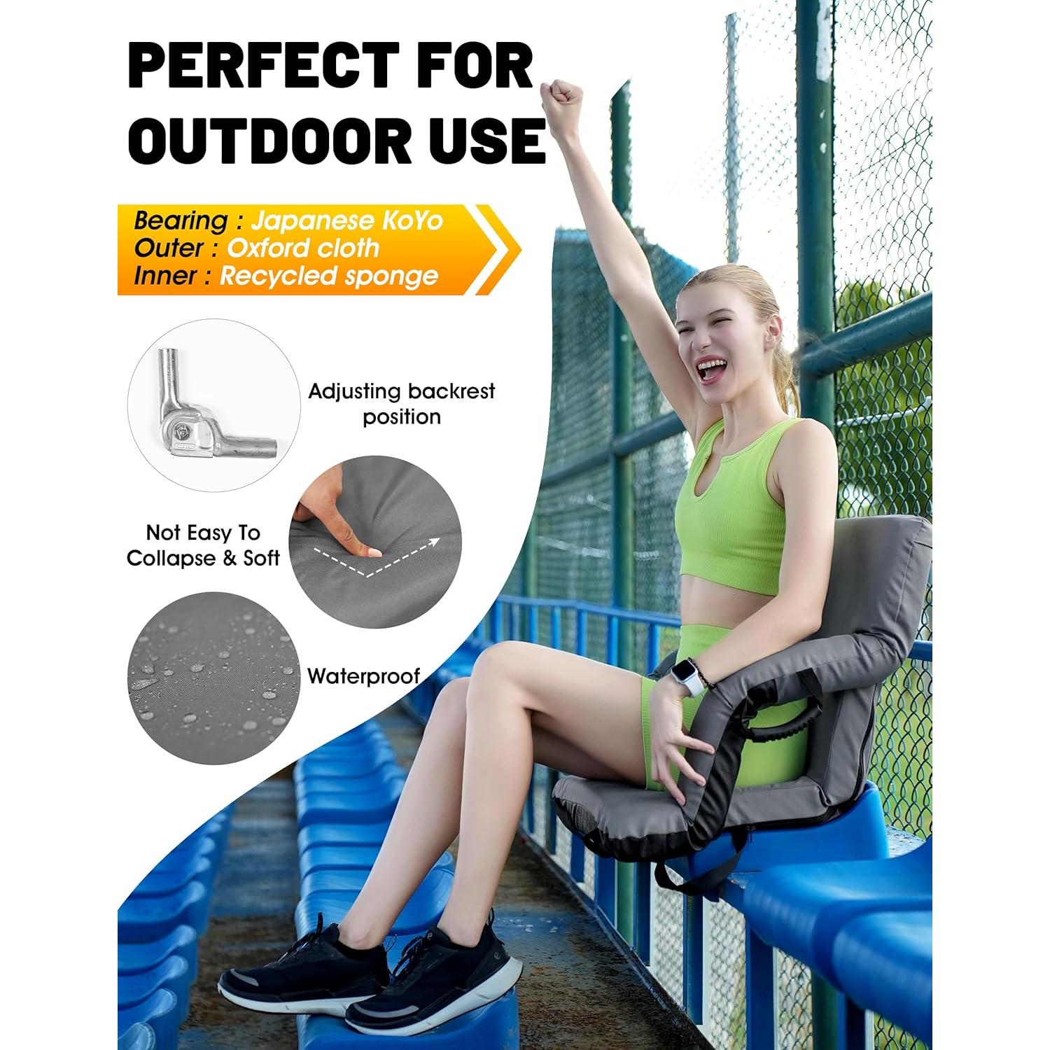 2 Pcs Stadium Seat with Back Support 14-Position Bleacher Seat with Japanese KOYO Bearings Portable Bleacher Chair with Wider Cushion Ideal Seat for Sport Events, Camping
