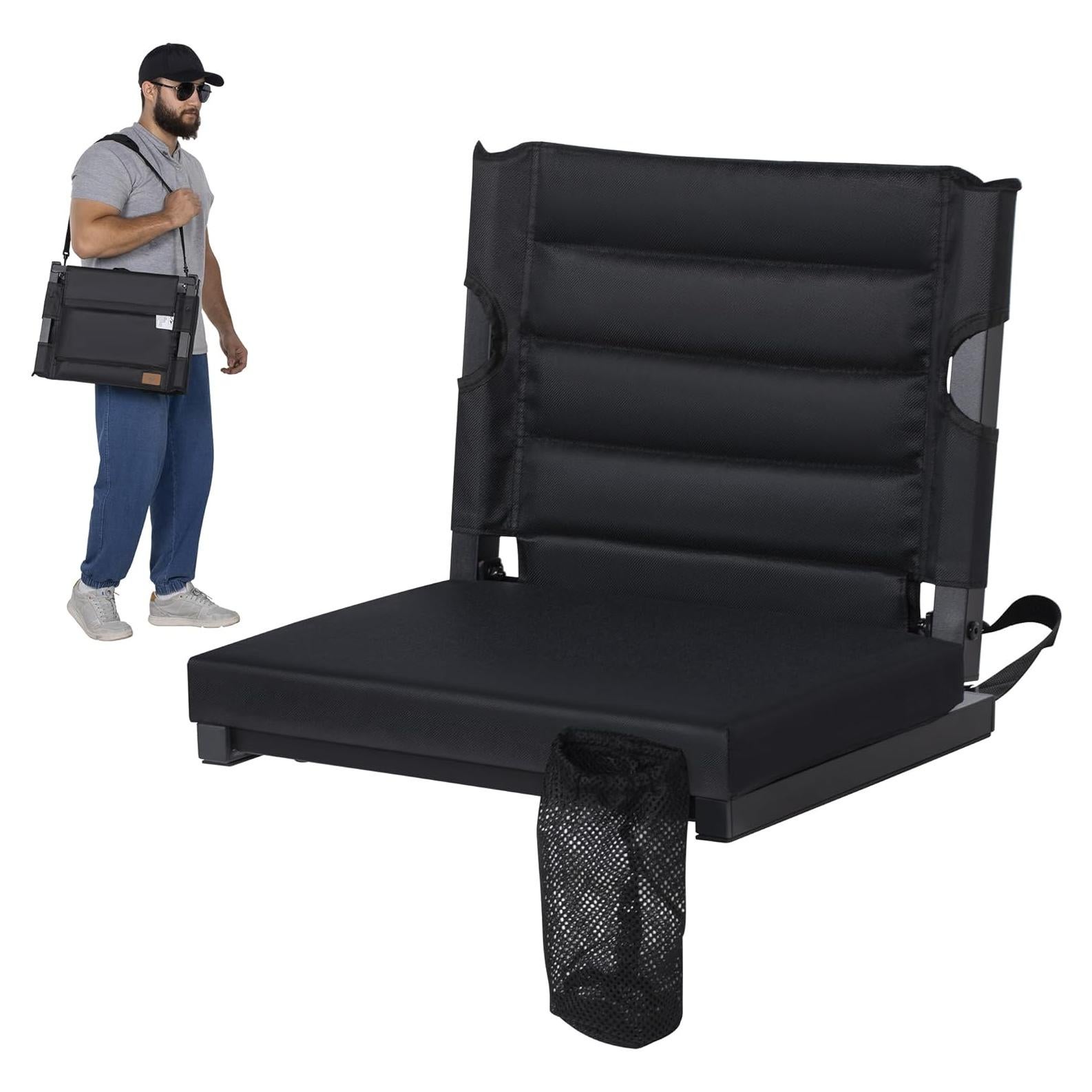 Asiento Plegable de Estadio LOENIY con Respaldo Acolchado Negro