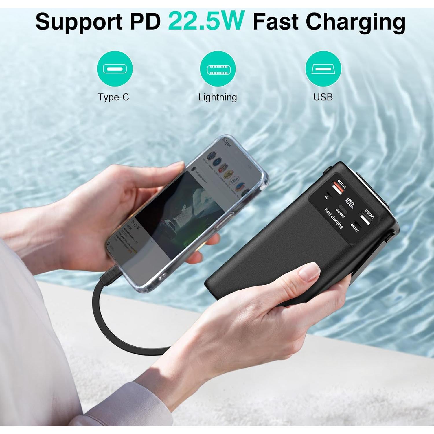 Portable Charger 40000mAh Power Bank Built-in Cable,PD 22.5w Fast Charging Powerbank, LED Display External Battery Pack with Retractable Auto Lighting, Travel Phone Charger for iPhone,Samsung,Google