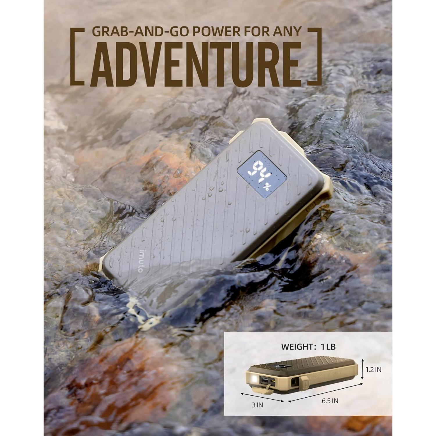 imuto Waterproof Power Bank, 20000mAh Portable Charger 65W Fast Charging USB C PD 3.0 Heavy Duty Battery Pack, Rugged Power Bank for iPhone Tablet Laptop Hiking Travel Camping