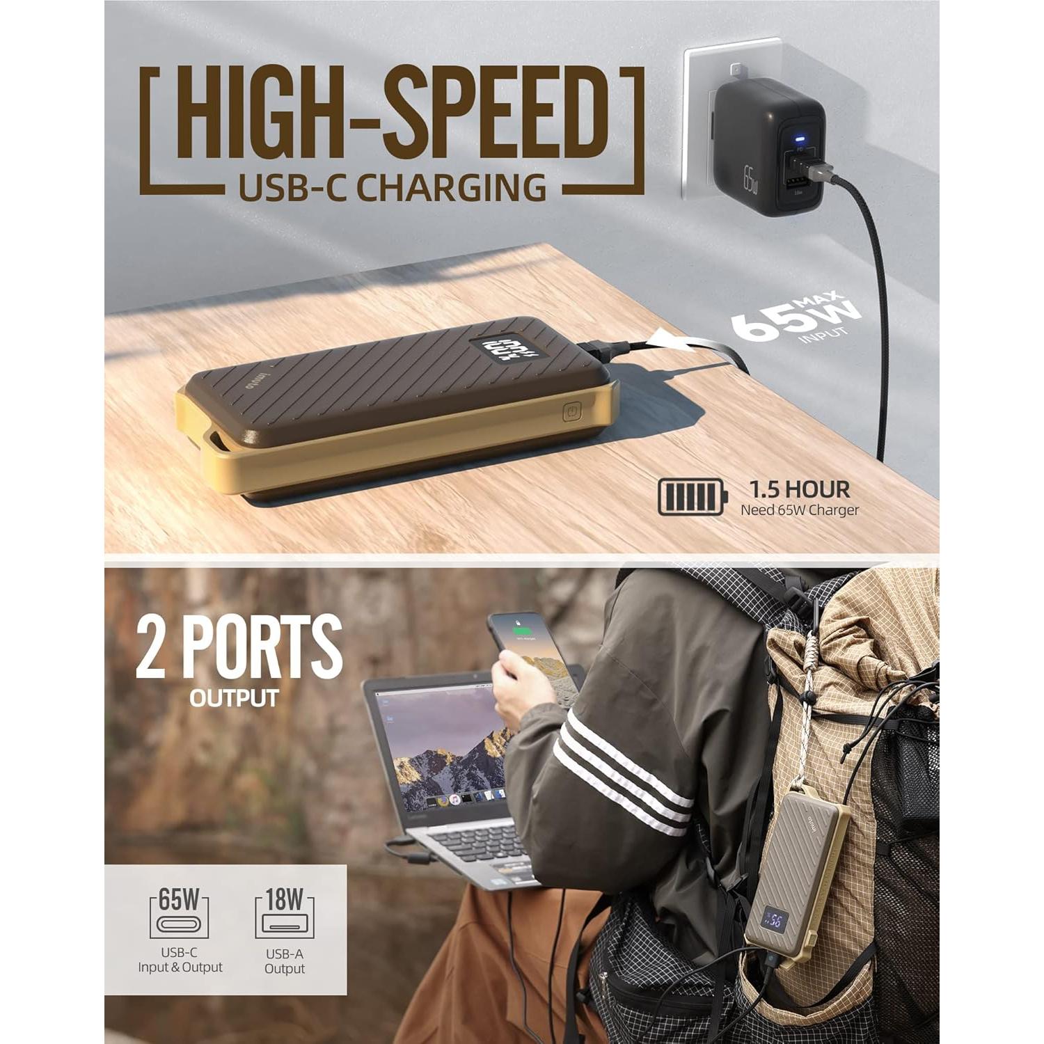 imuto Waterproof Power Bank, 20000mAh Portable Charger 65W Fast Charging USB C PD 3.0 Heavy Duty Battery Pack, Rugged Power Bank for iPhone Tablet Laptop Hiking Travel Camping