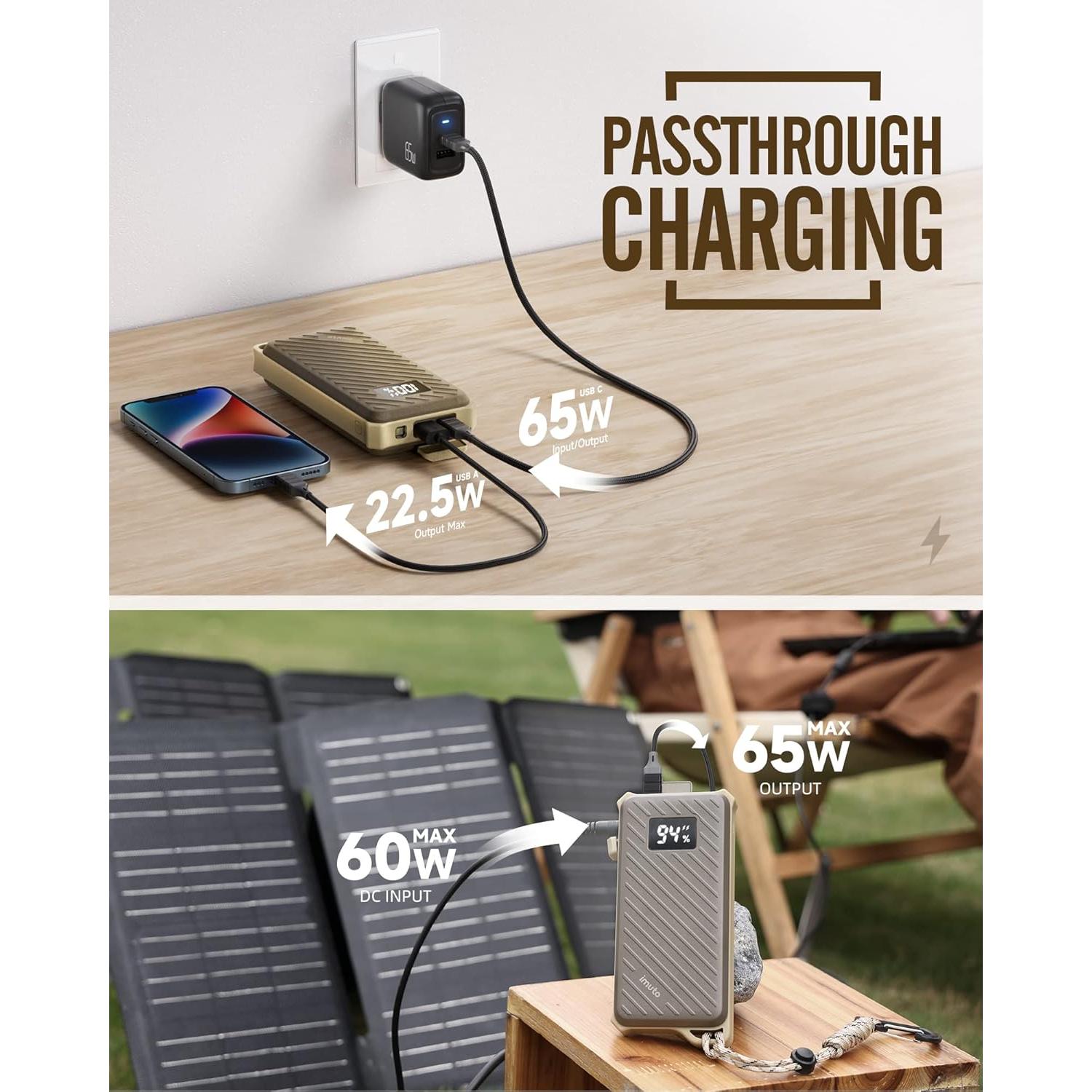 imuto Waterproof Power Bank, 20000mAh Portable Charger 65W Fast Charging USB C PD 3.0 Heavy Duty Battery Pack, Rugged Power Bank for iPhone Tablet Laptop Hiking Travel Camping