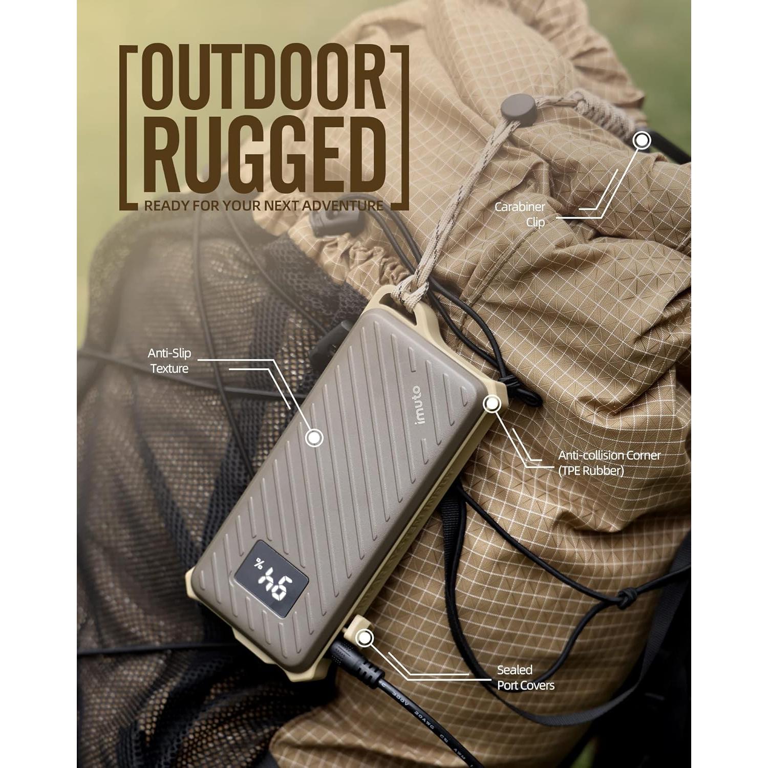 imuto Waterproof Power Bank, 20000mAh Portable Charger 65W Fast Charging USB C PD 3.0 Heavy Duty Battery Pack, Rugged Power Bank for iPhone Tablet Laptop Hiking Travel Camping