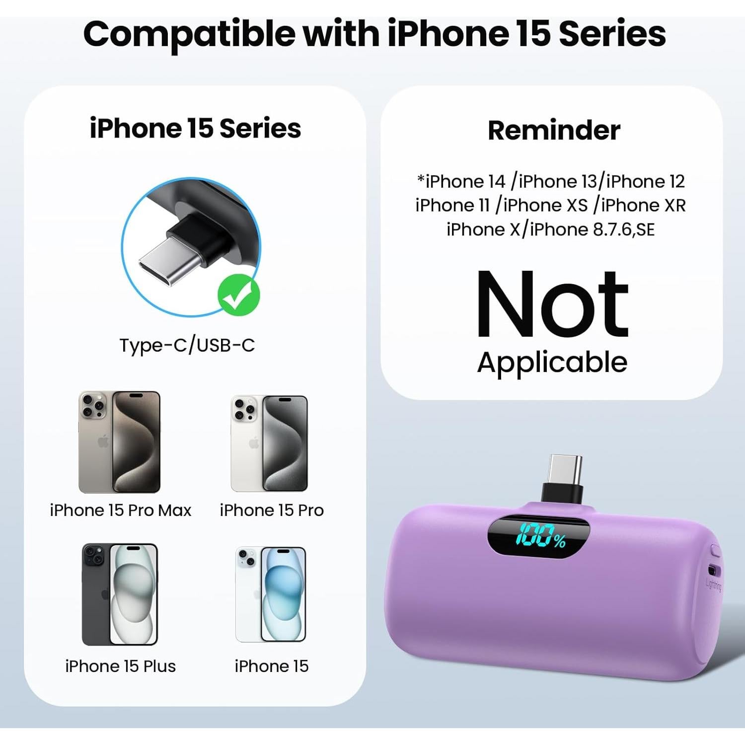 Mini Portable Charger USB C Power Bank,Upgraded 5000mAh PD Fast Charging Battery Pack Built-in USB-C Connector,LCD Display,Compatible with iPhone16,16 Plus,16Pro/Max/15,iPad Pro/Air,Android Phone etc