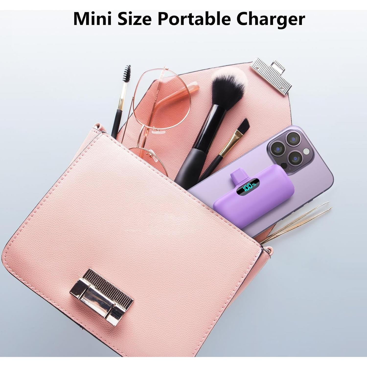 Mini Portable Charger USB C Power Bank,Upgraded 5000mAh PD Fast Charging Battery Pack Built-in USB-C Connector,LCD Display,Compatible with iPhone16,16 Plus,16Pro/Max/15,iPad Pro/Air,Android Phone etc