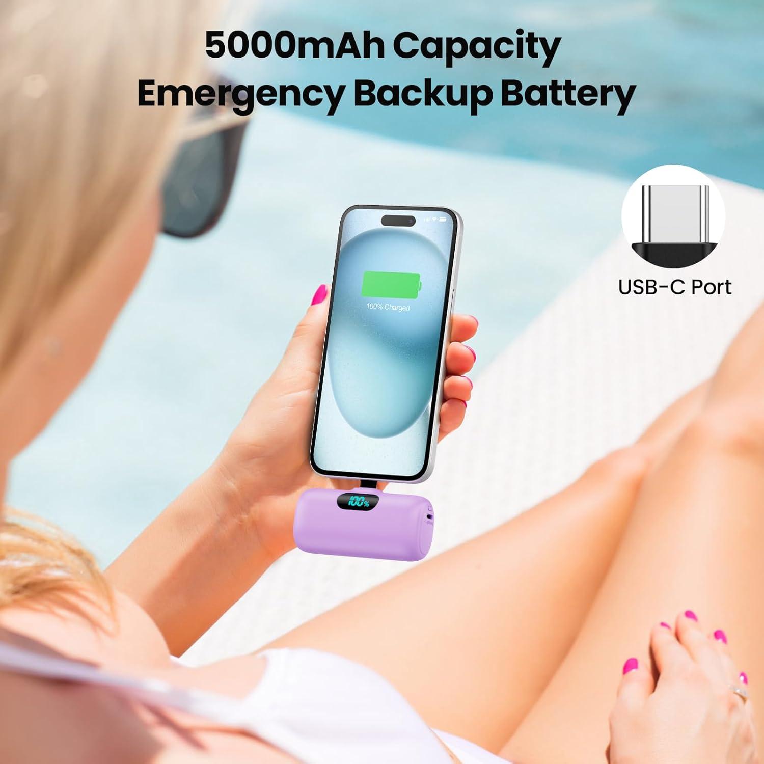 Mini Portable Charger USB C Power Bank,Upgraded 5000mAh PD Fast Charging Battery Pack Built-in USB-C Connector,LCD Display,Compatible with iPhone16,16 Plus,16Pro/Max/15,iPad Pro/Air,Android Phone etc