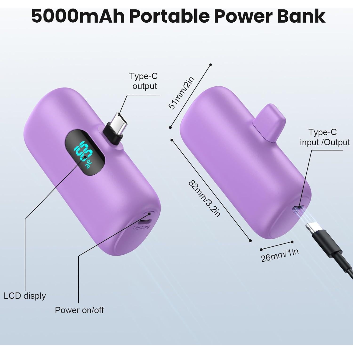 Mini Portable Charger USB C Power Bank,Upgraded 5000mAh PD Fast Charging Battery Pack Built-in USB-C Connector,LCD Display,Compatible with iPhone16,16 Plus,16Pro/Max/15,iPad Pro/Air,Android Phone etc
