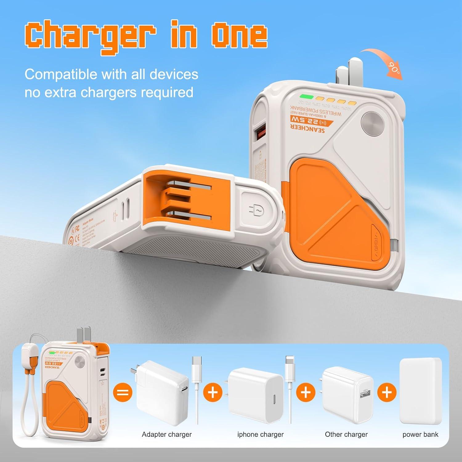 P05 Portable Charger, Magnetic Power Bank, Small Wireless PowerBank 10000mAh, Mini Battery Pack 22.5W Fast Charging with Foldable Wall Plug, Cable USB A and USB C for iPhone/Android/Samsung