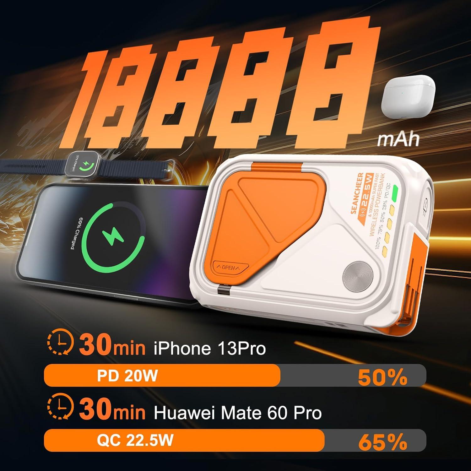 P05 Portable Charger, Magnetic Power Bank, Small Wireless PowerBank 10000mAh, Mini Battery Pack 22.5W Fast Charging with Foldable Wall Plug, Cable USB A and USB C for iPhone/Android/Samsung