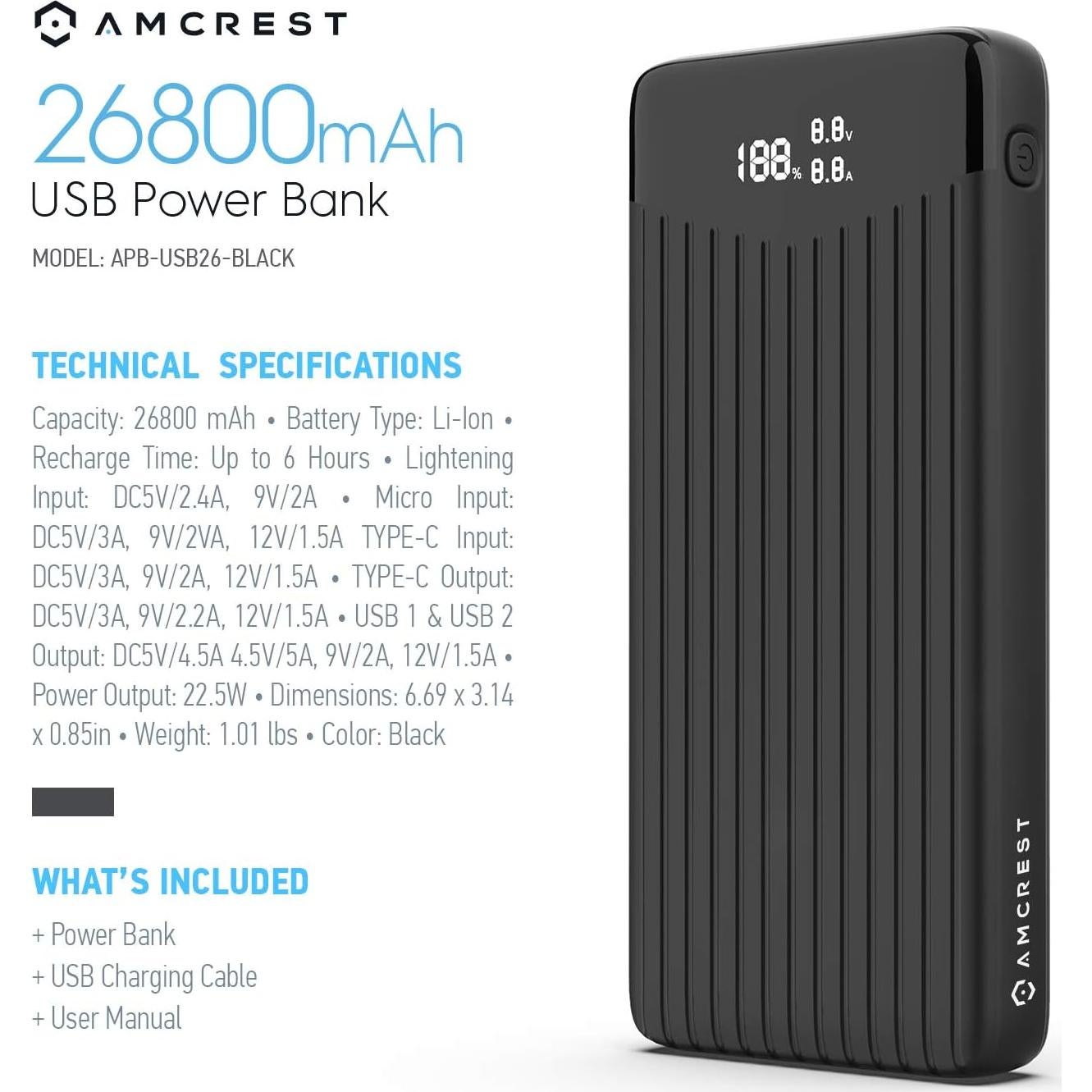 Banco de Energía Amcrest 26800mAh USB-C Carga Rápida 22W