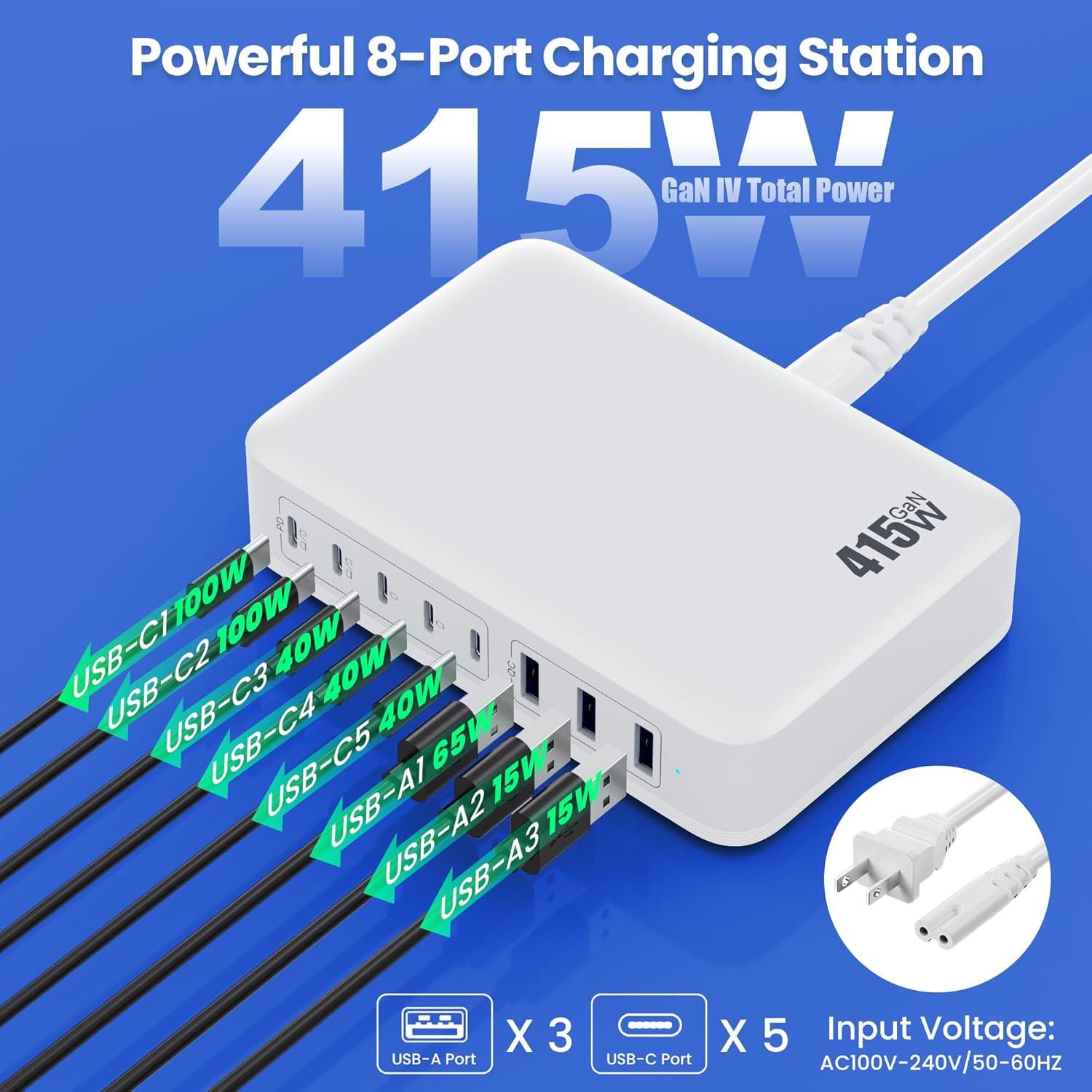Cargador USB C 415W Kioson Estación Carga Rápida 8 Puertos