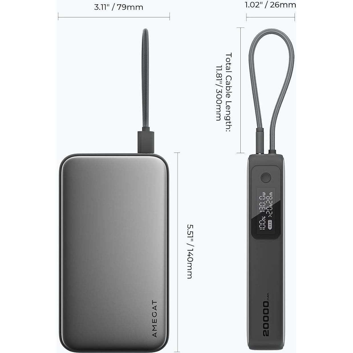Cargador Portátil AMEGAT 20000mAh 100W Carga Rápida USB-C