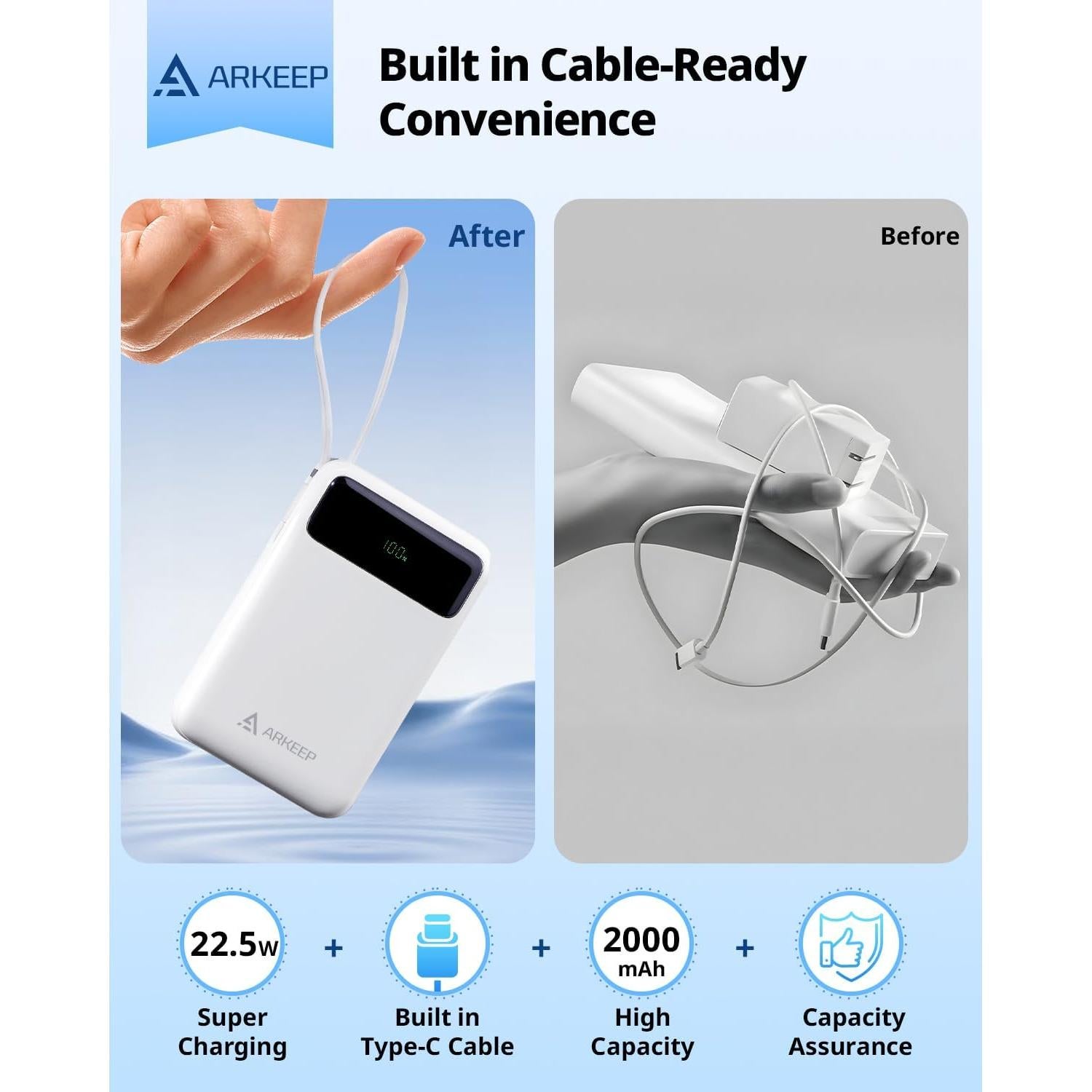 Cargador Portátil Arkeep 20000mAh Carga Rápida 22.5W