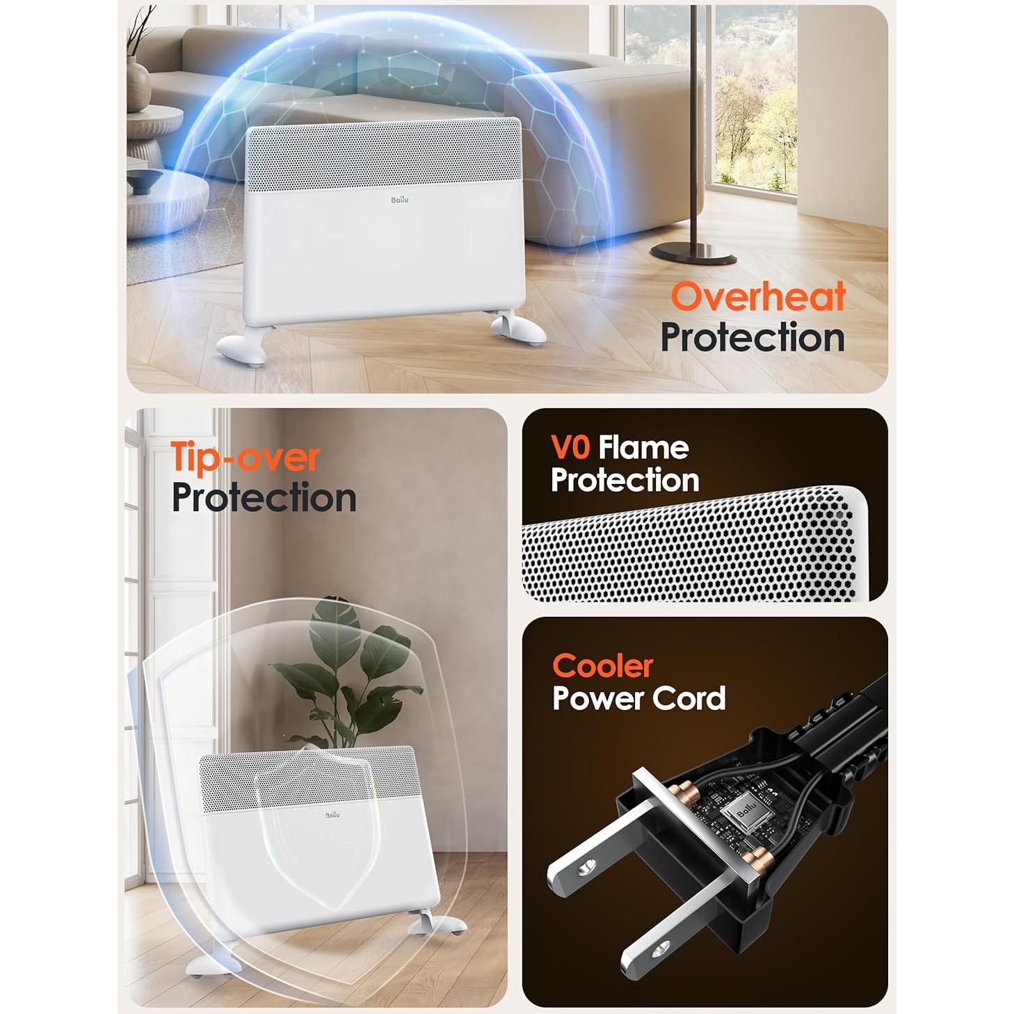 Ballu Convection Panel Space Heater,1500W Whole Room Heater for Indoor Use Large Room with Program Thermostat,Wifi App,Remote,Portable Standing Wall Mount Electric Space Heater Indoor,Work with Alexa