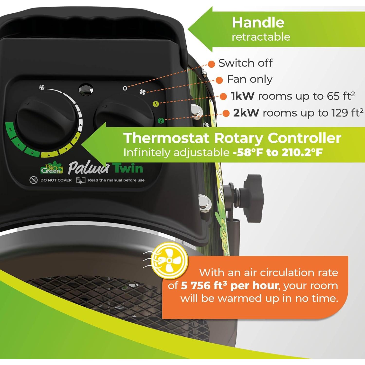 PAL 2.0/USDT Palma Greenhouse Heater incl. Digital Thermosta, 11 x 8 x 12.5" / 280 x 195 x 315 mm