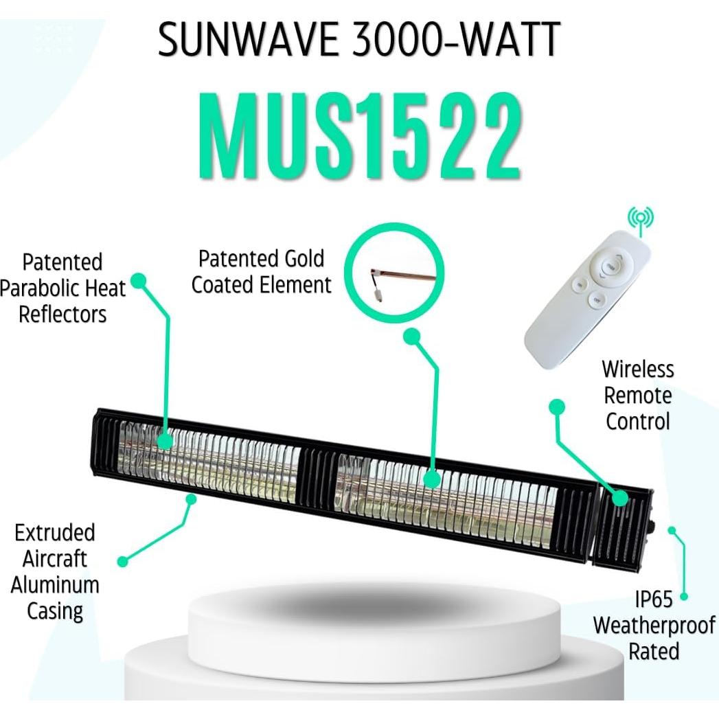 Commercial SunWave 3000 Watt Infrared Patio Heater Tungsten Ultra Quartz Low Glare with Remote control and 3 power levels, 11,028 BTU Max output By Muskoka Lifestyle Products USA Black