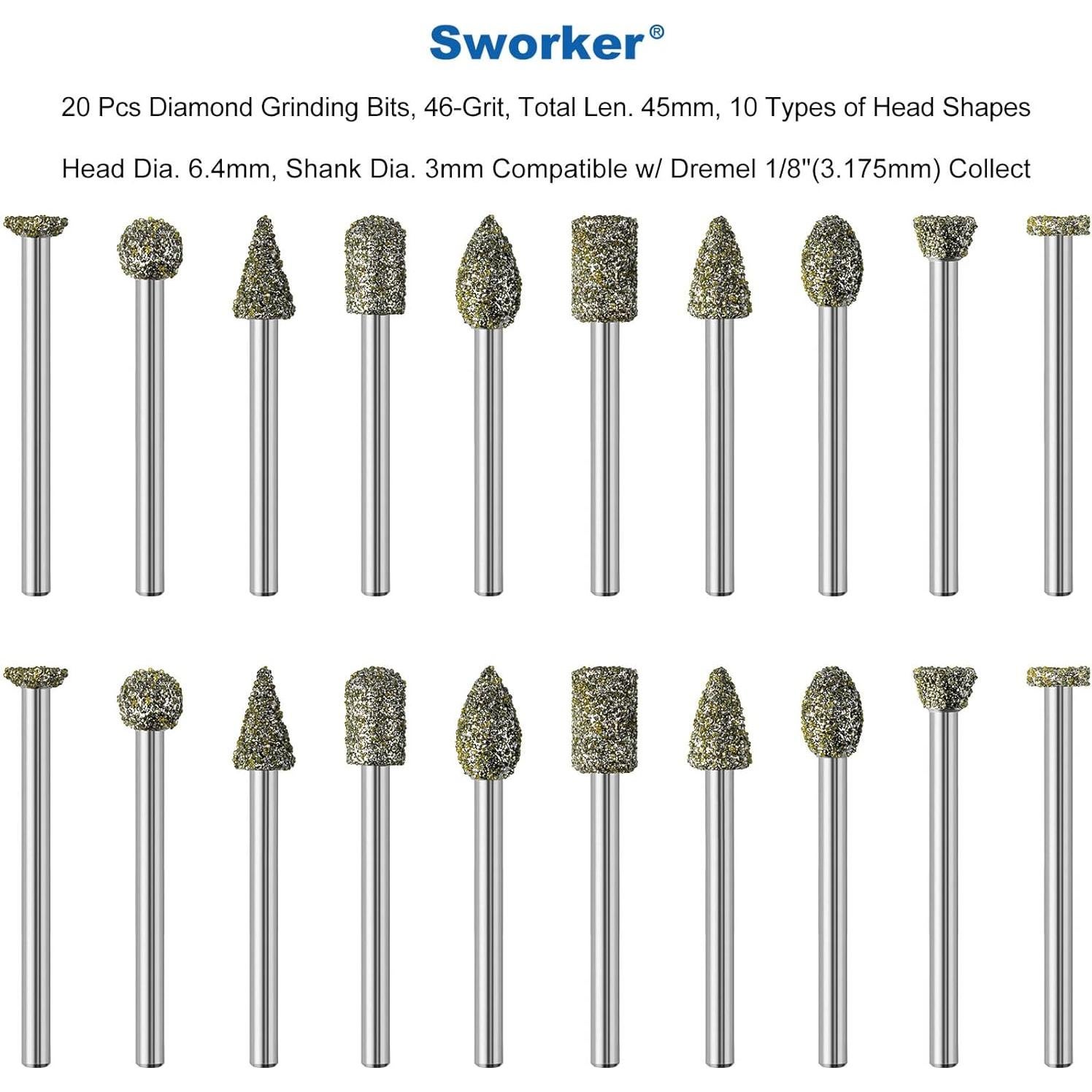 20 Puntas de Amolado de Diamante Sworker 46-grano 3mm