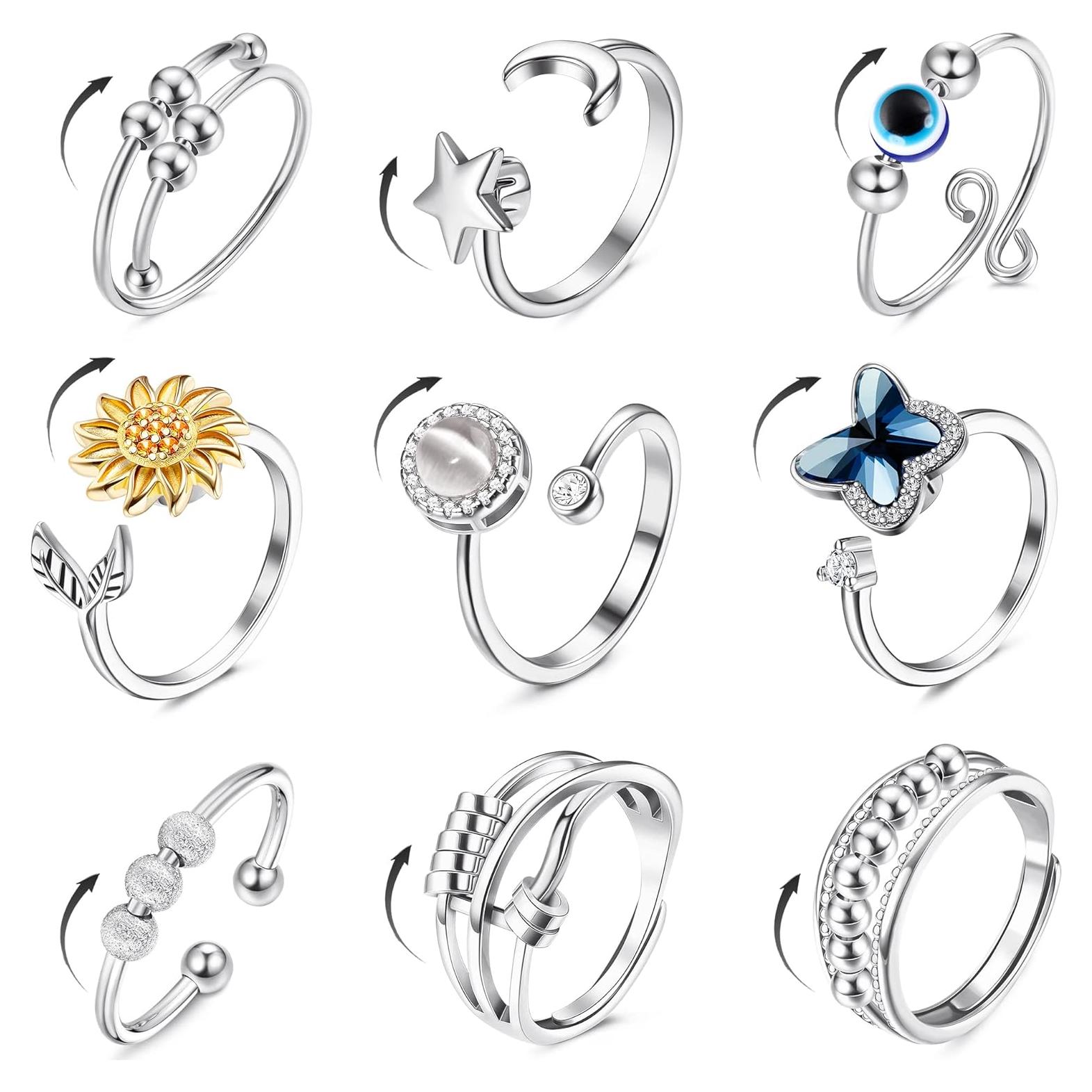 Anillos Antiestrés FIBO STEEL 9 Pcs Ajustables para Mujeres