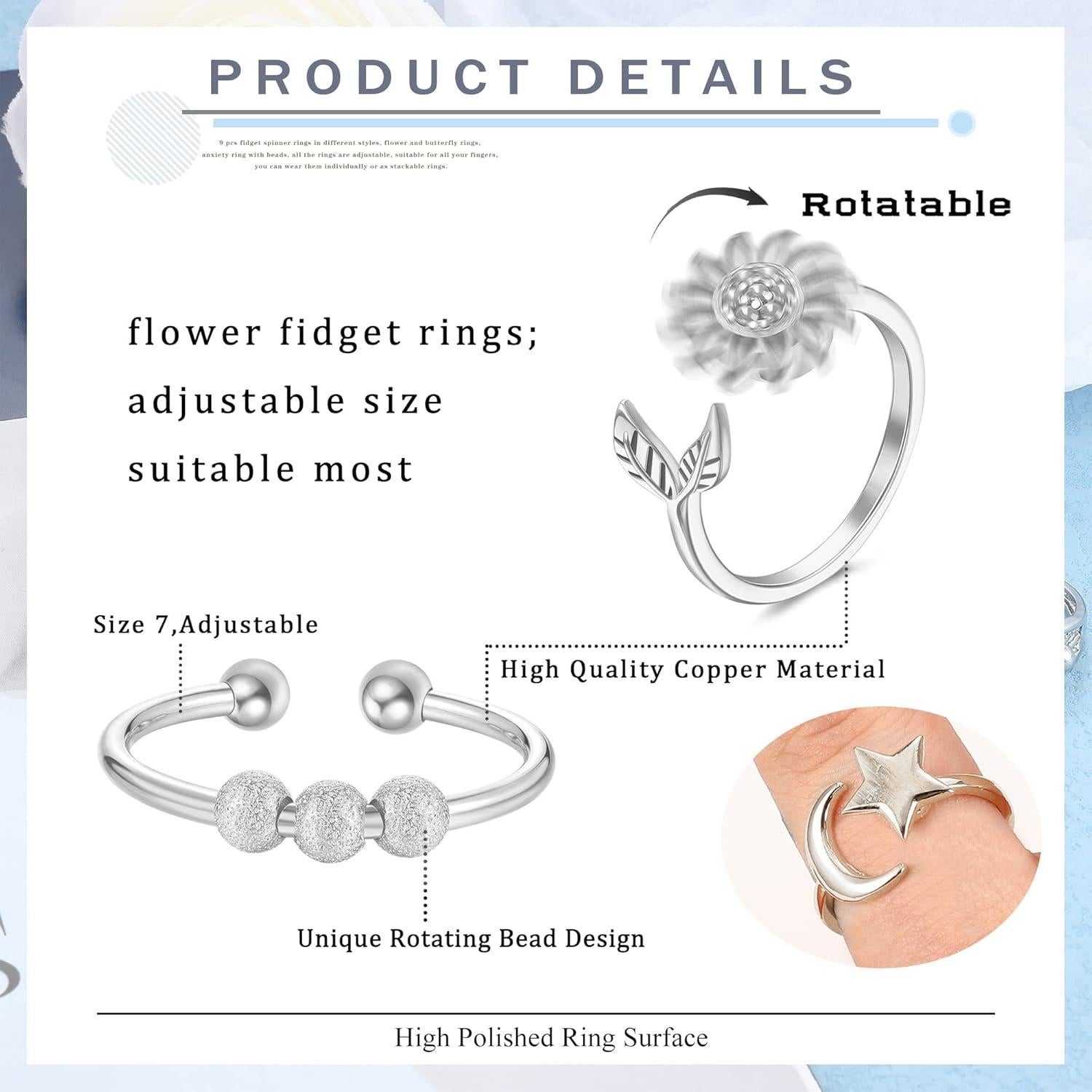 Anillos Antiestrés FIBO STEEL 9 Pcs Ajustables para Mujeres