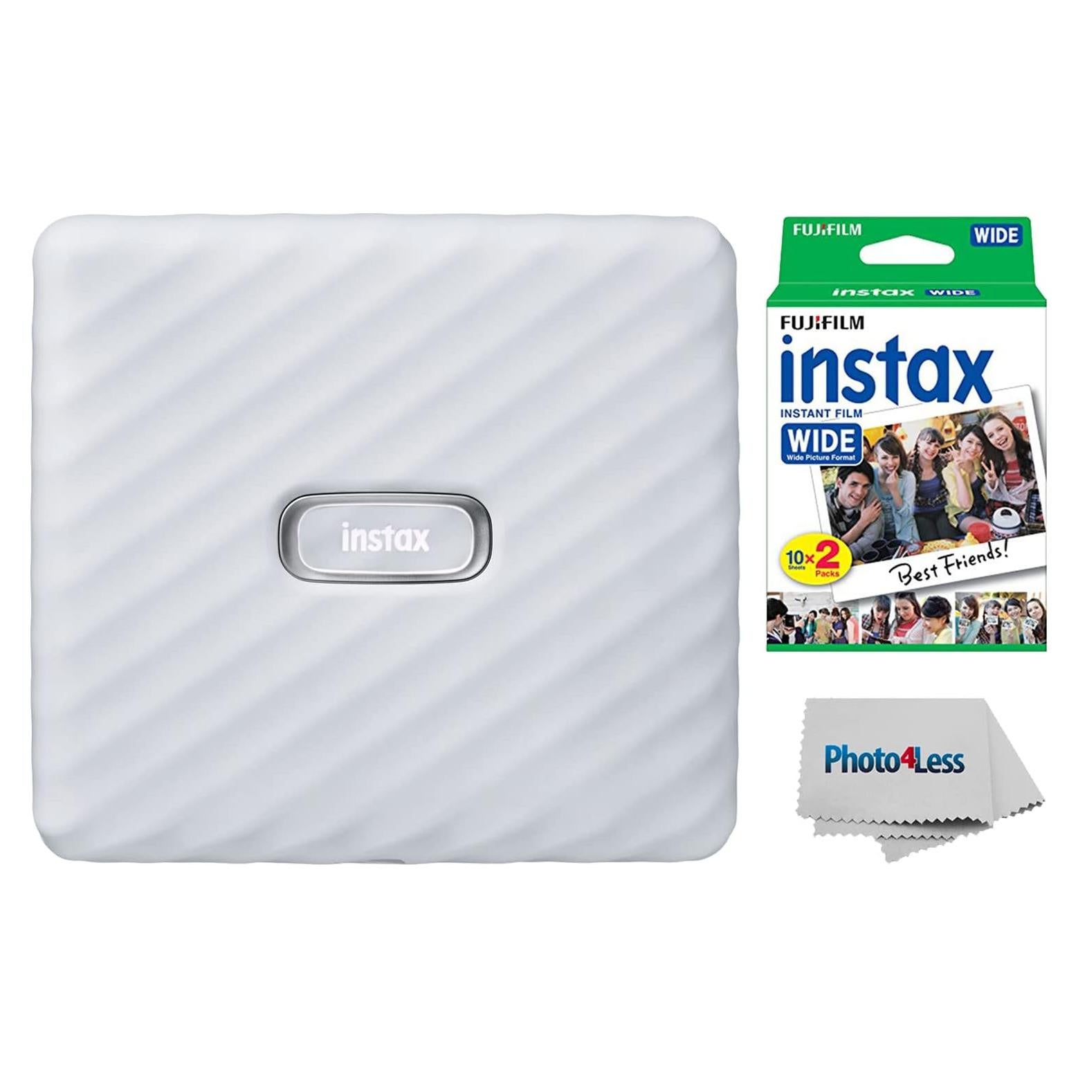 Instax Link Wide Printer Ash White Bundle with Fuji Wide Twin Pack Instant Film + Cloth