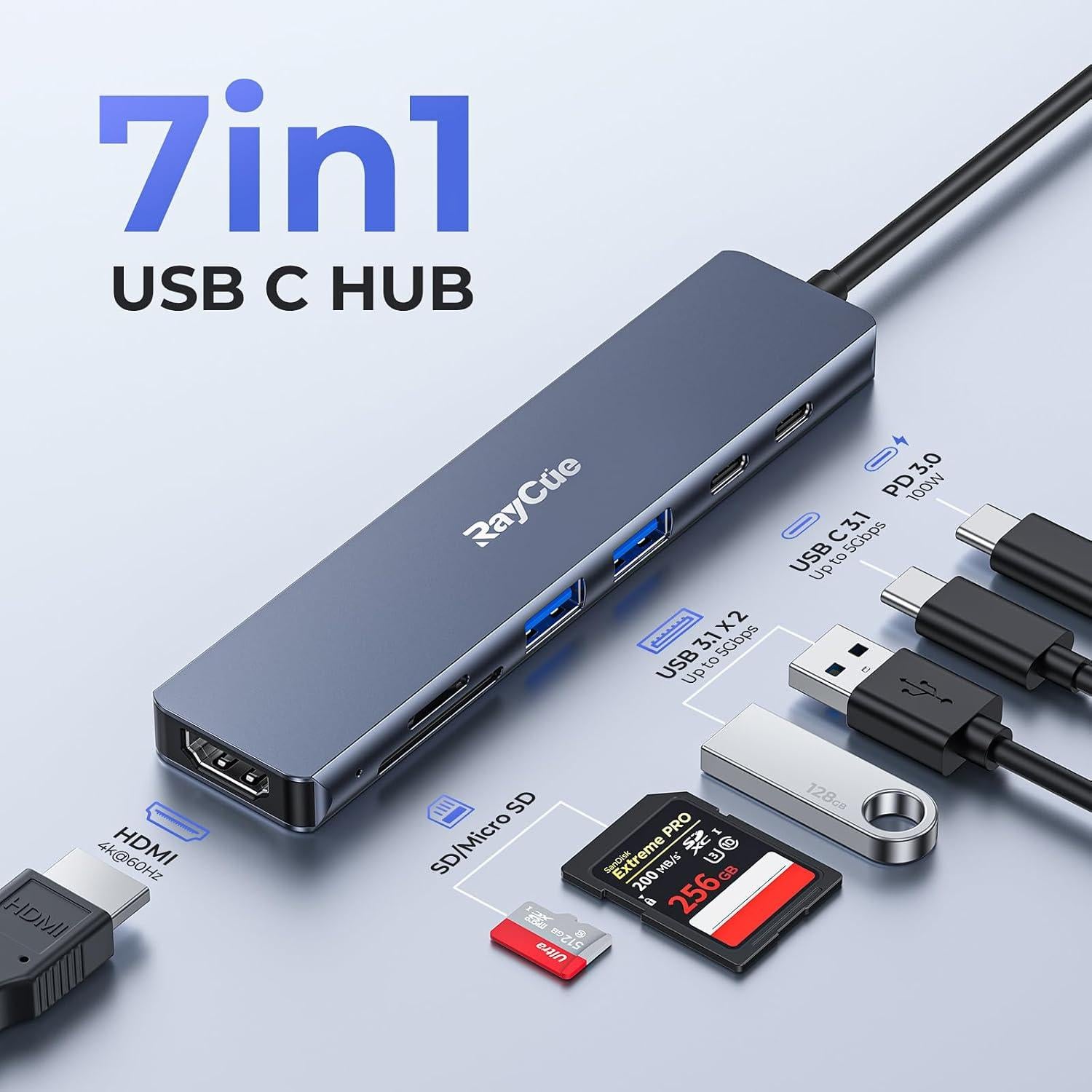 Hub USB C RayCue 7 en 1 HDMI 4K 100W 5Gbps para MacBook