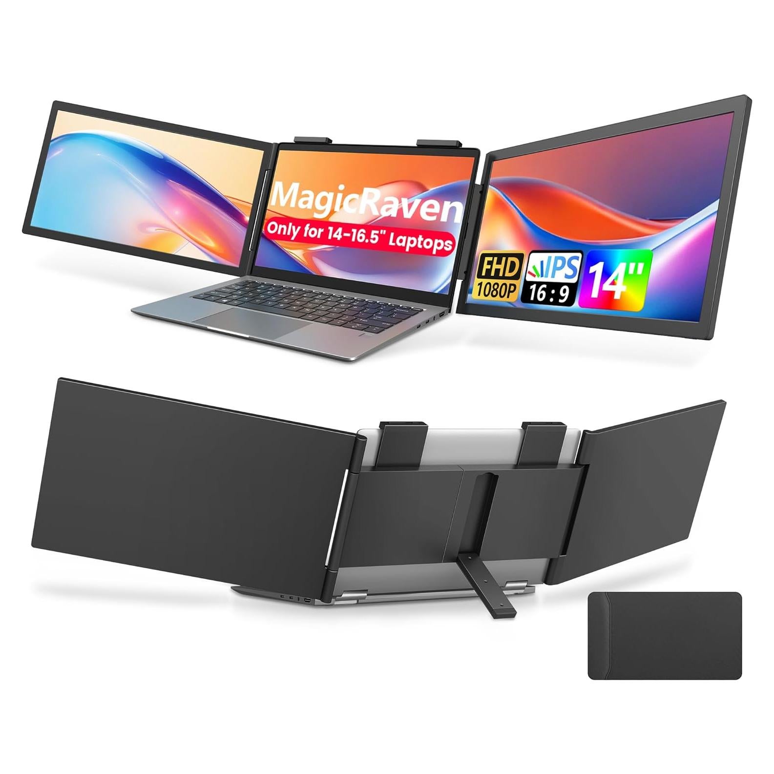 Dual Laptop Screen Extender, 14" 1080P IPS Portable Triple Monitor for 14-16.5" Laptops with USB-C Port, Plug and Play, Attachment Screen for Windows/Mac/Android/Switch/PS5/Xbox