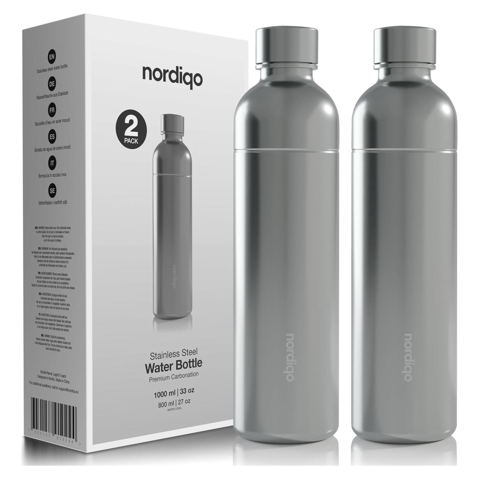 Premium 33 oz Stainless Steel Bottle - Compatible with SodaStream and Aarke Soda Makers | No Expiration Date | Dishwasher Safe | Leak Proof | BPA-Free | 2-Pack