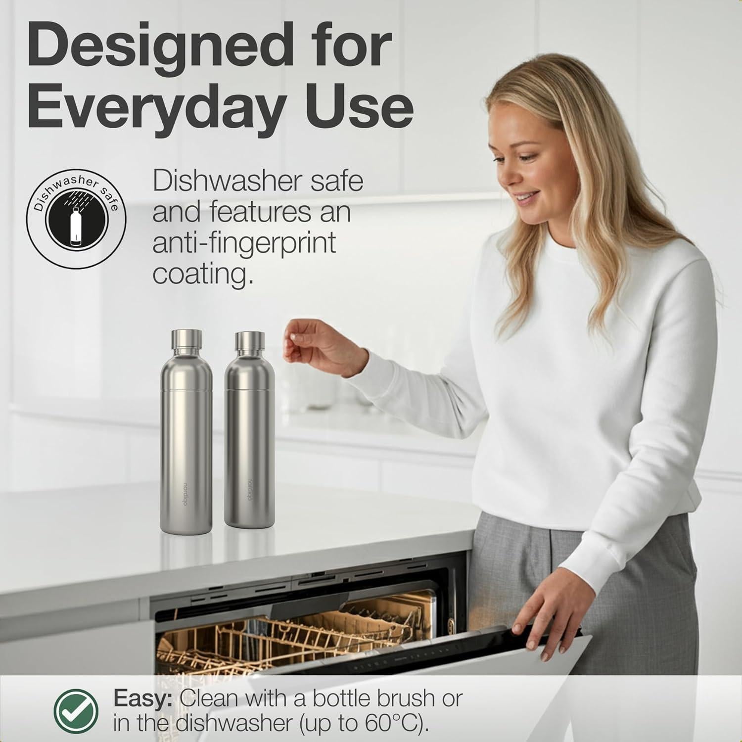 Premium 33 oz Stainless Steel Bottle - Compatible with SodaStream and Aarke Soda Makers | No Expiration Date | Dishwasher Safe | Leak Proof | BPA-Free | 2-Pack