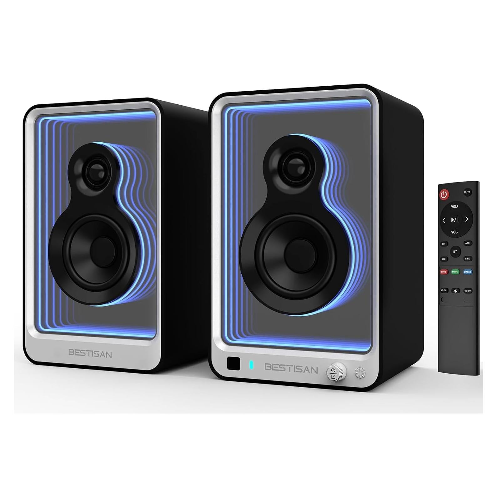 80 Watts Powered Bookshelf Speakers for Record Player, Desktop Active Studio Monitor with Light Effects,Bluetooth Speaker with ARC/Optical/RCA input/Sub Out, Wooden Enclosure, Bass Adjustable