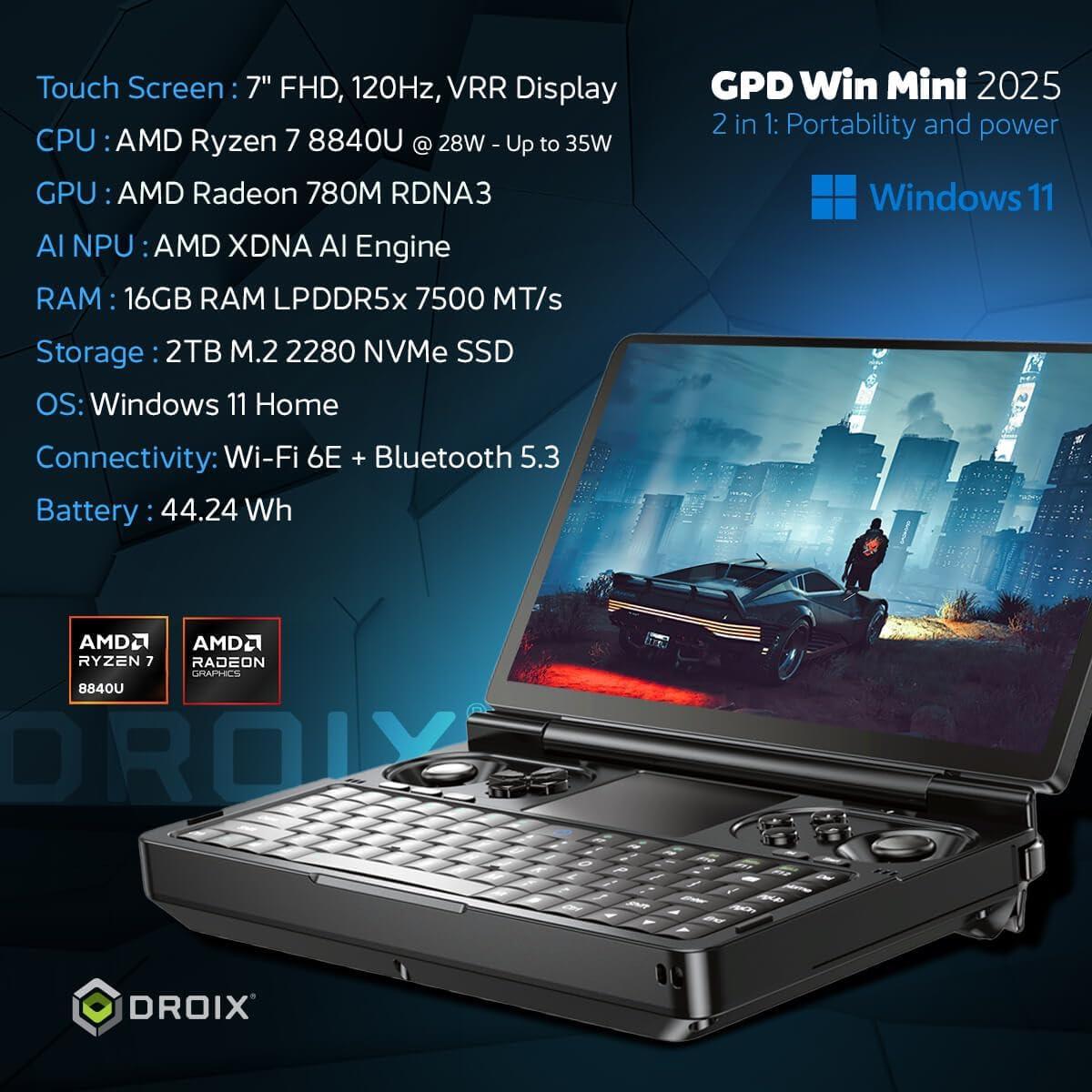 GPD WIN Mini 2025 - PC de Juegos Portátil AMD Ryzen 7 16GB 2TB