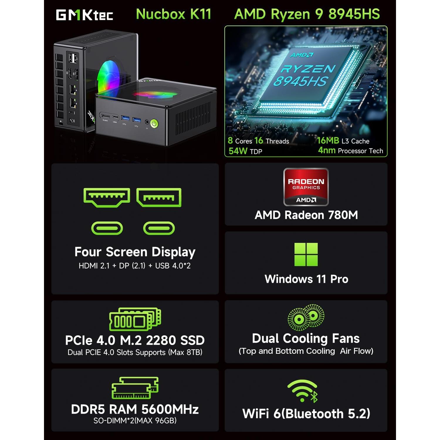 GMKtec Gaming Mini PC AMD Ryzen 9 8945HS (Turbo 5.1GHz) 32GB DDR5 2TB SSD, Computers PC Oculink, Dual NIC LAN 2.5G, WiFi 6, USB3.2, USB-C 4.0, BT5.2, DP, HDMI, Dual Fan Nucbox K11