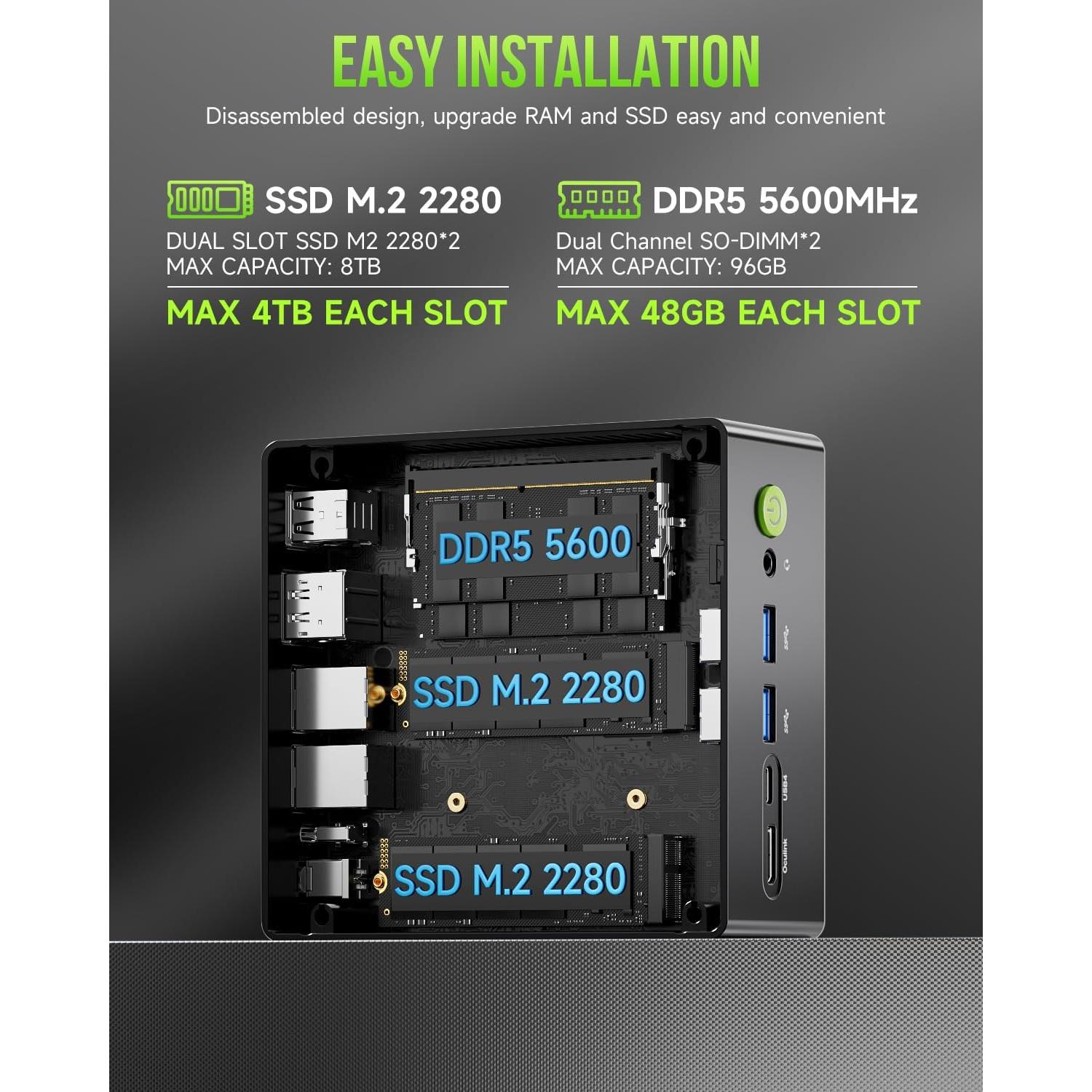 GMKtec Gaming Mini PC AMD Ryzen 9 8945HS (Turbo 5.1GHz) 32GB DDR5 2TB SSD, Computers PC Oculink, Dual NIC LAN 2.5G, WiFi 6, USB3.2, USB-C 4.0, BT5.2, DP, HDMI, Dual Fan Nucbox K11