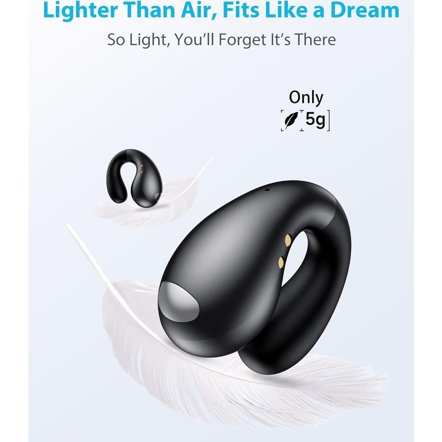 Ultra Open Ear Earbuds - Ergonomic Clip-On Earbuds, Bone Conduction Over-The-Ear Headphones with Waterproof Design, Black