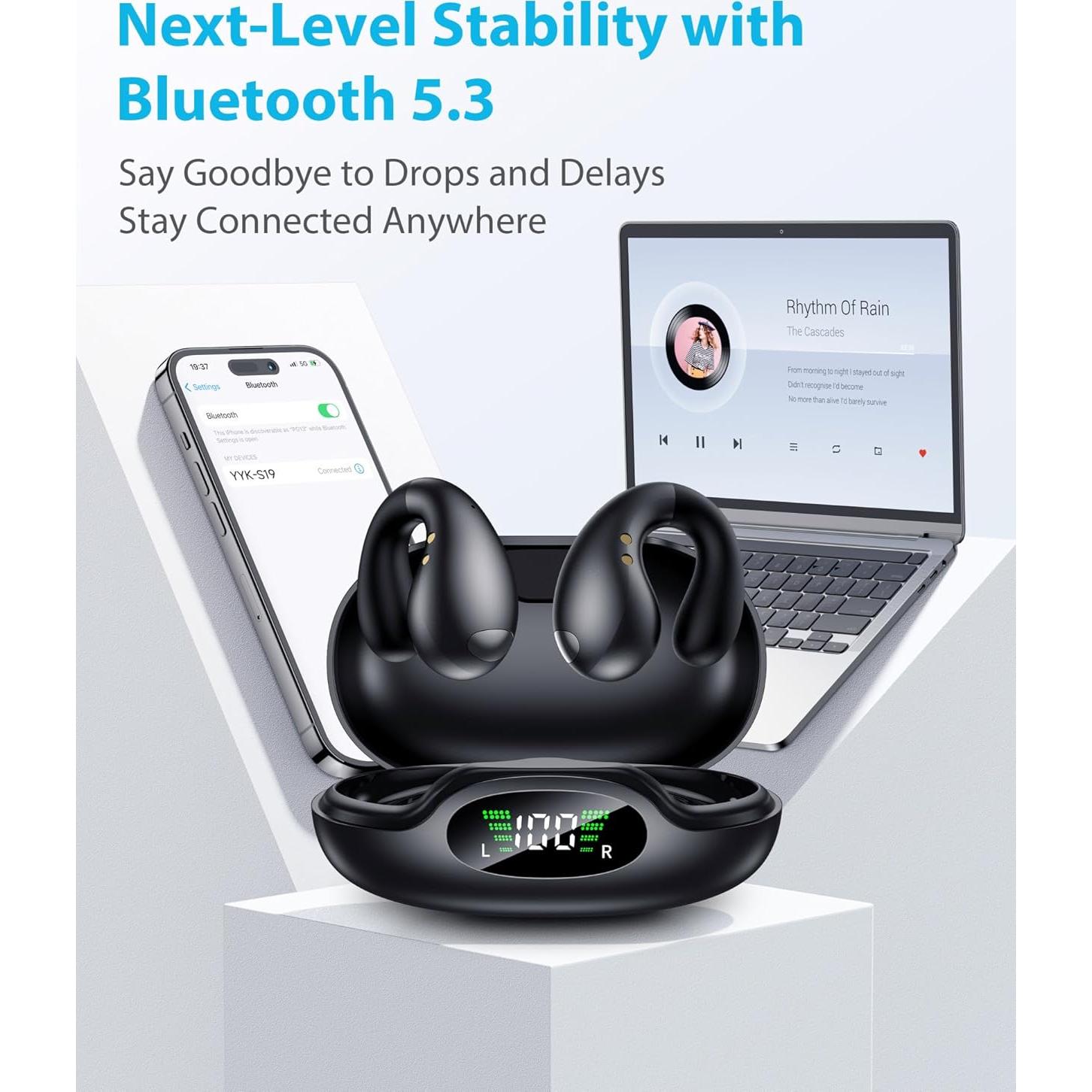 Ultra Open Ear Earbuds - Ergonomic Clip-On Earbuds, Bone Conduction Over-The-Ear Headphones with Waterproof Design, Black