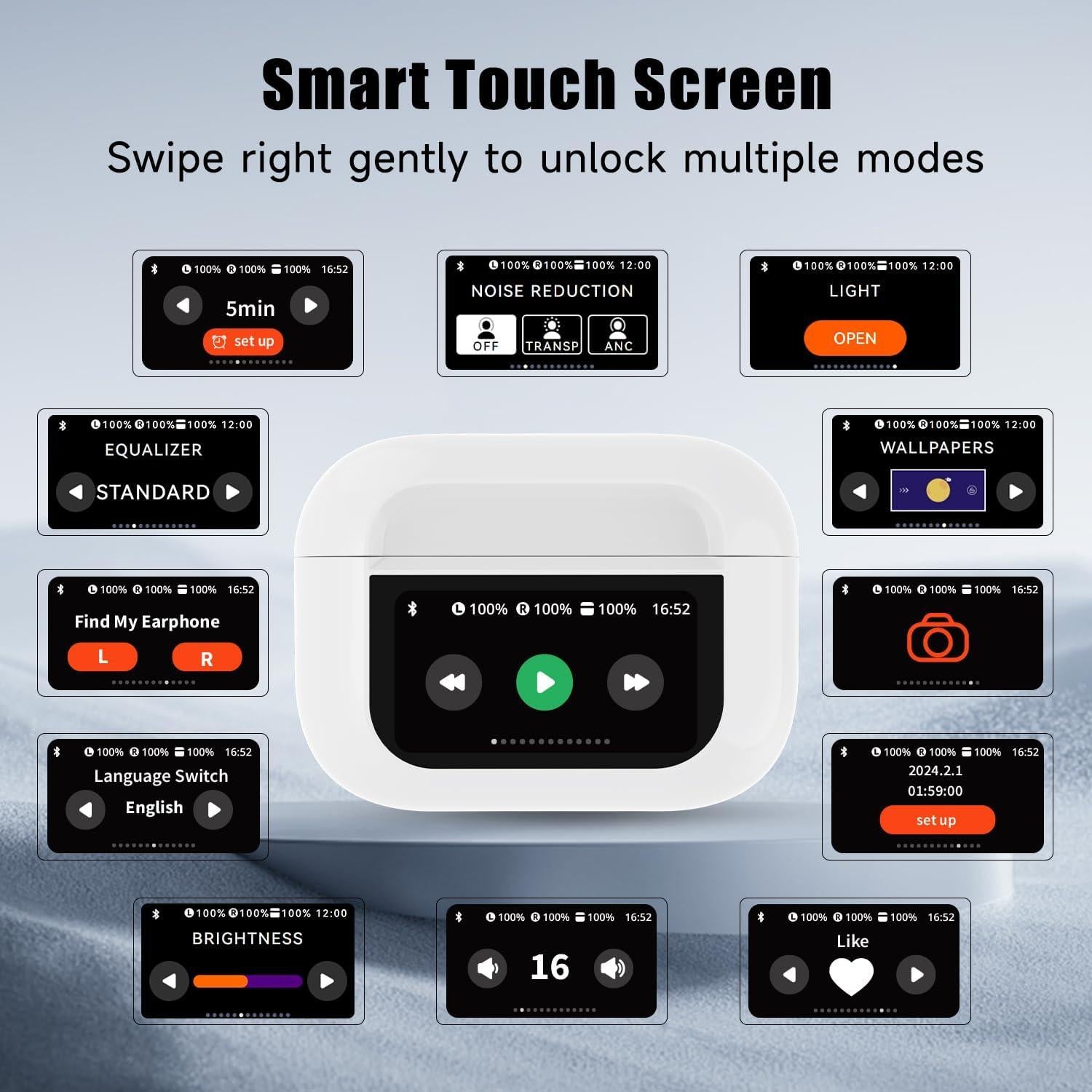 Wireless Bluetooth Ear Buds Noise Cancelling Smart Earbuds with Touch Screen Mic Deep Bass Stereo in Ear Headphones for Android Phones Working Out Gaming