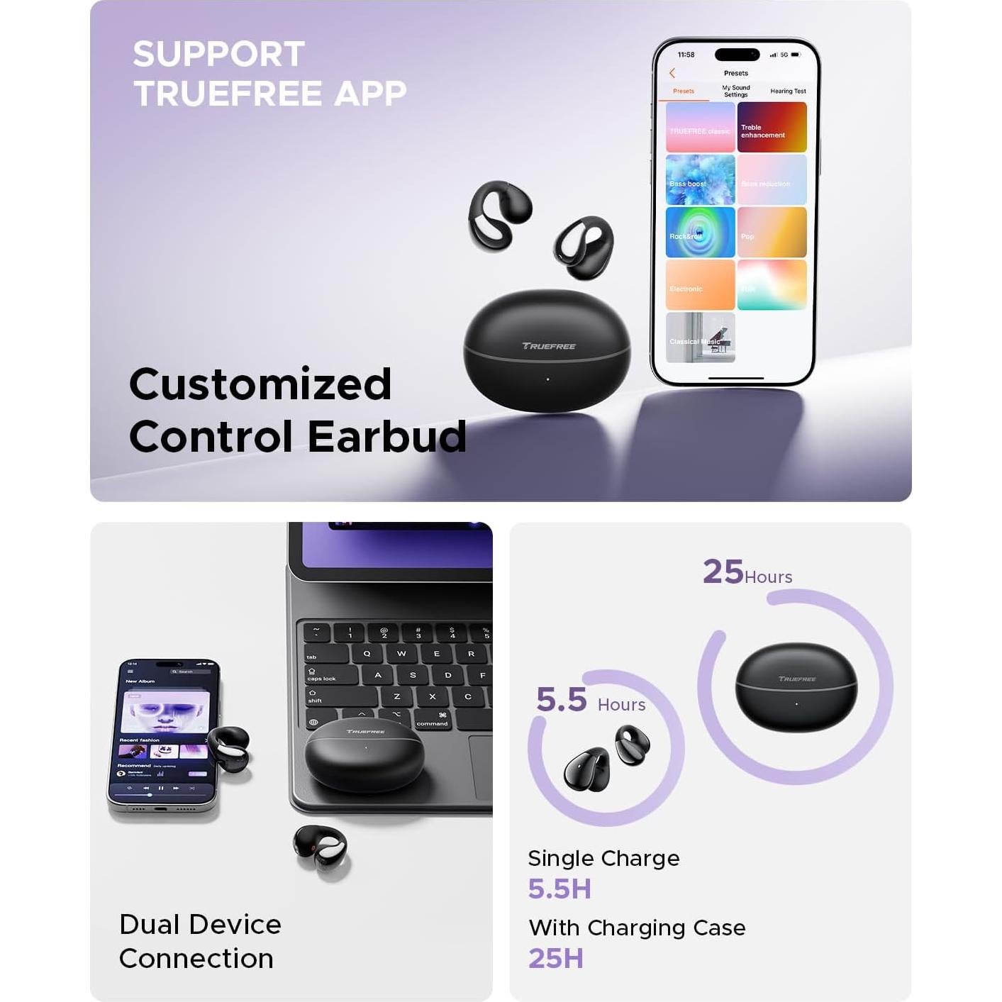 truefree B1 Open-Ear Wireless Earbuds, Bluetooth 5.4 Headphones with Spatial Audio, Ultra-Light Clip-On Fit, 25H Battery, Fast Charging, Multipoint Connection, App Customization, Workouts, Commute