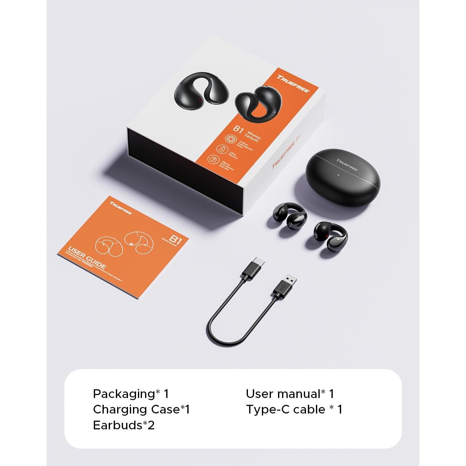 truefree B1 Open-Ear Wireless Earbuds, Bluetooth 5.4 Headphones with Spatial Audio, Ultra-Light Clip-On Fit, 25H Battery, Fast Charging, Multipoint Connection, App Customization, Workouts, Commute