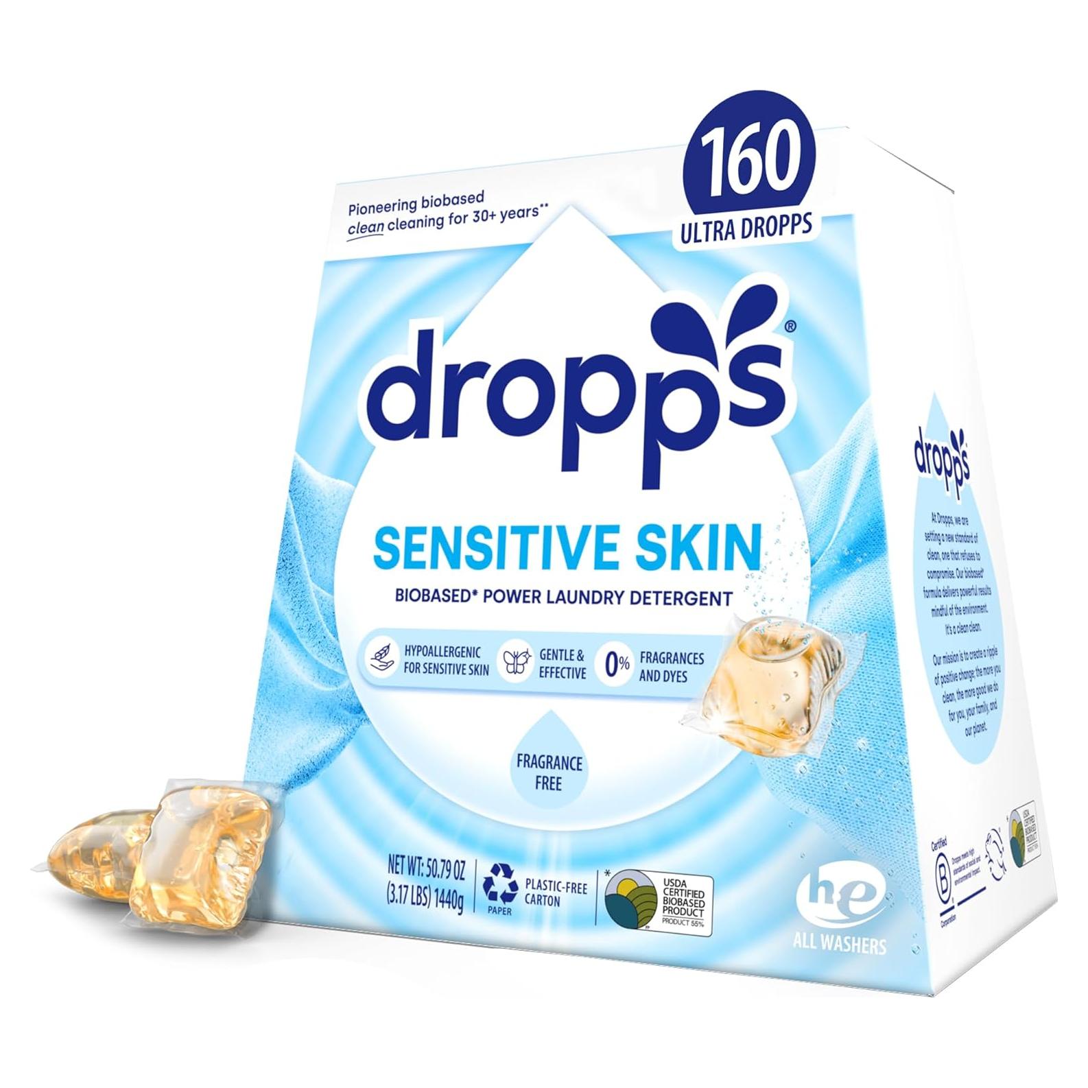 Cápsulas de Detergente para Ropa Piel Sensible Dropps 160 Unidades