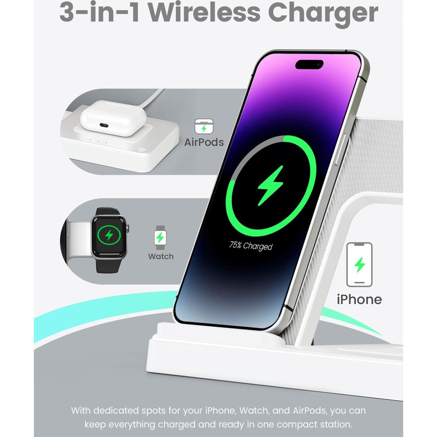 Estación de Carga Inalámbrica 3 en 1 GETPALS W336 para iPhone, Reloj y AirPods