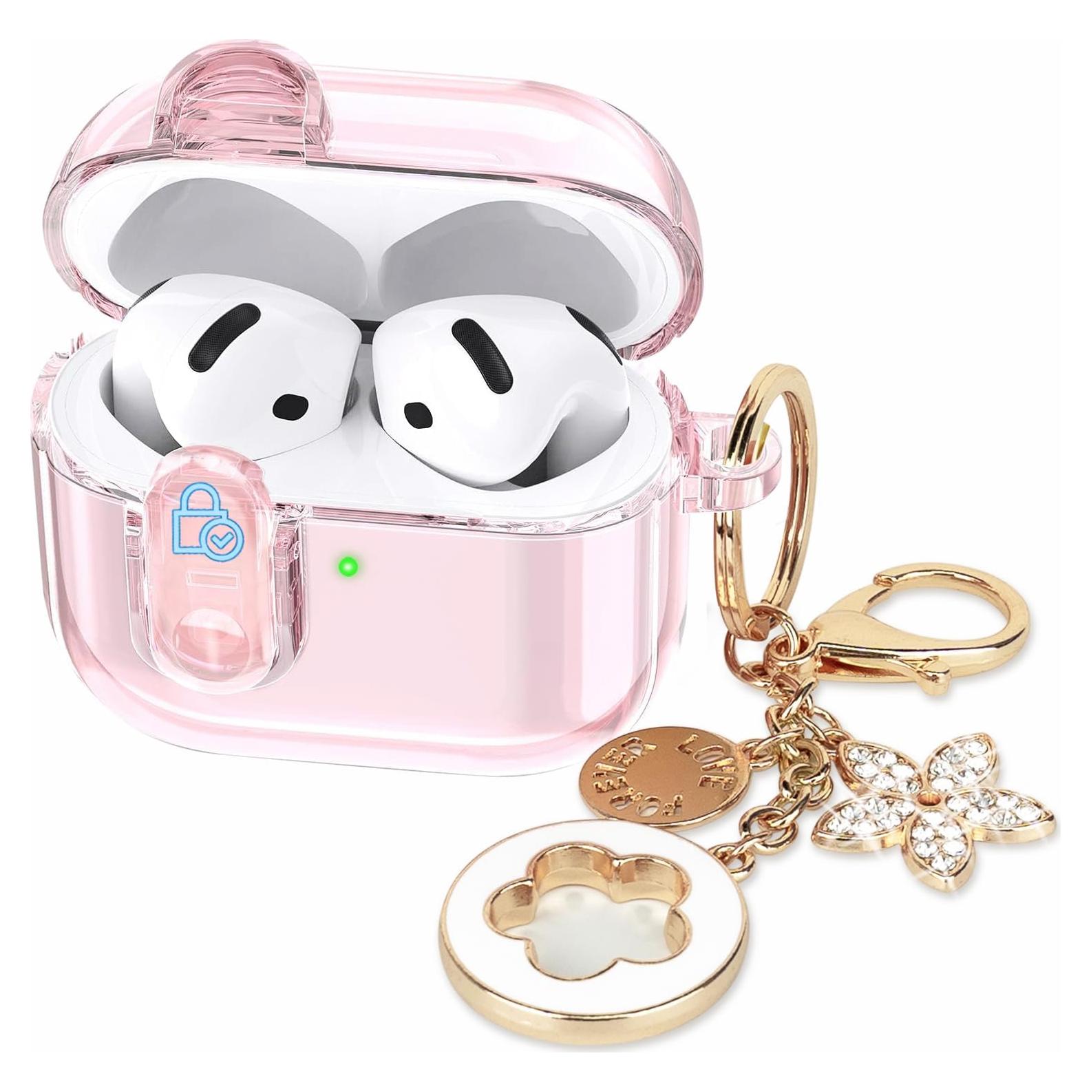 Safety Lock Clear Case Compatible with Apple AirPods 4 Cases 2024 Women, VOTILE Soft TPU Transparency Air pods 4 Gen Cases iPods 4 Earbuds Case Girl Bling Keychain for Airpod iPod 4th Gen