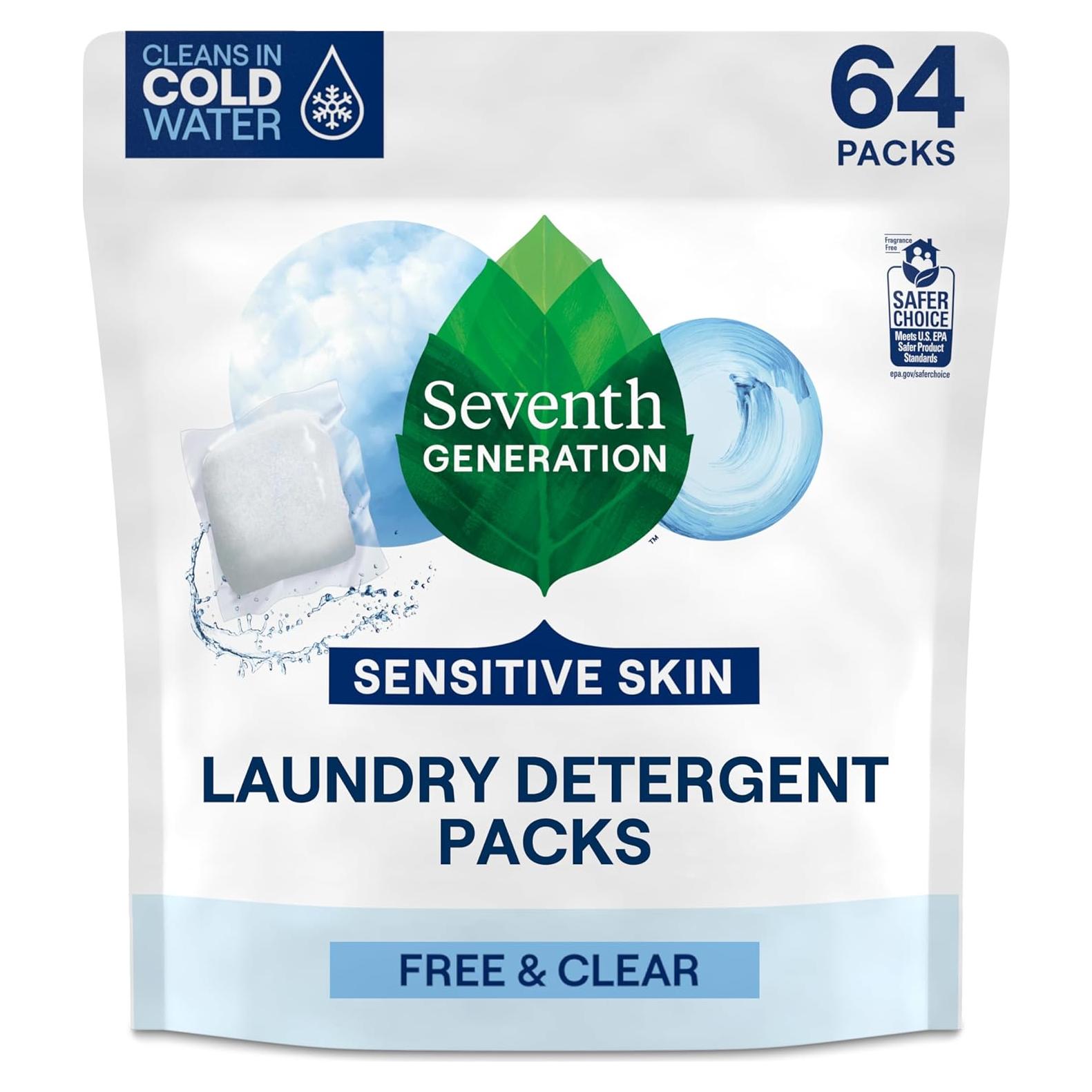 Seventh Generation Laundry Detergent Packs, Free & Clear, Made for Sensitive Skin, EPA Safer Choice Certified, 64 Count
