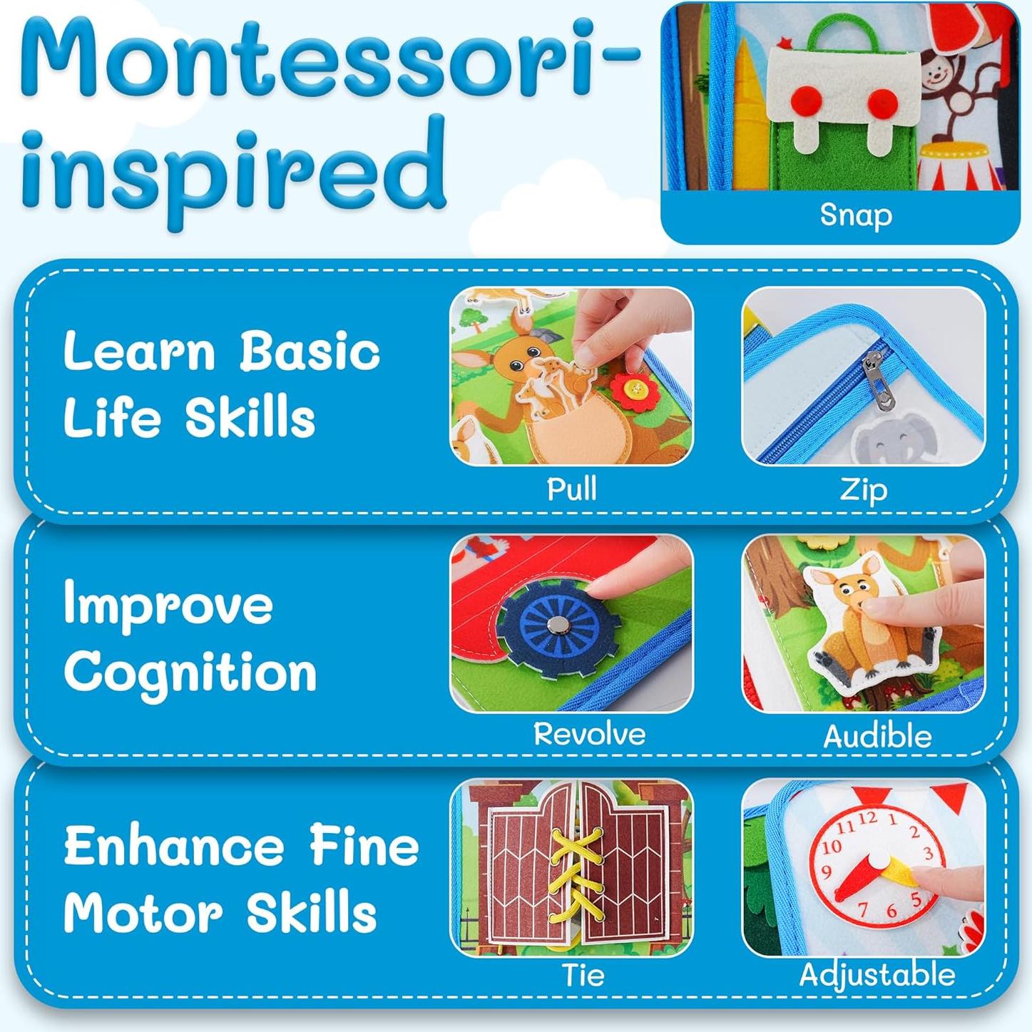 Libro Ocupado Montessori Azul 20 Actividades para Niños 1-3 Años