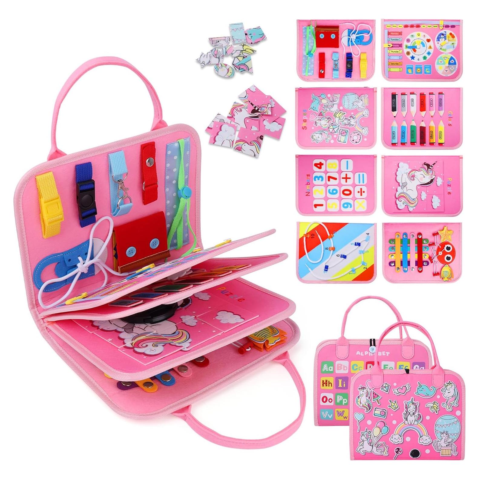 Busy Board, Montessori Toys for 1 2 3 4 Year Old Girl Birthday Gifts, Educational Sensory Toy for Learning Activities Fine Motor Skills, Road Trip Airplane Travel Toys for Toddlers Kids Age 1-3 2-4