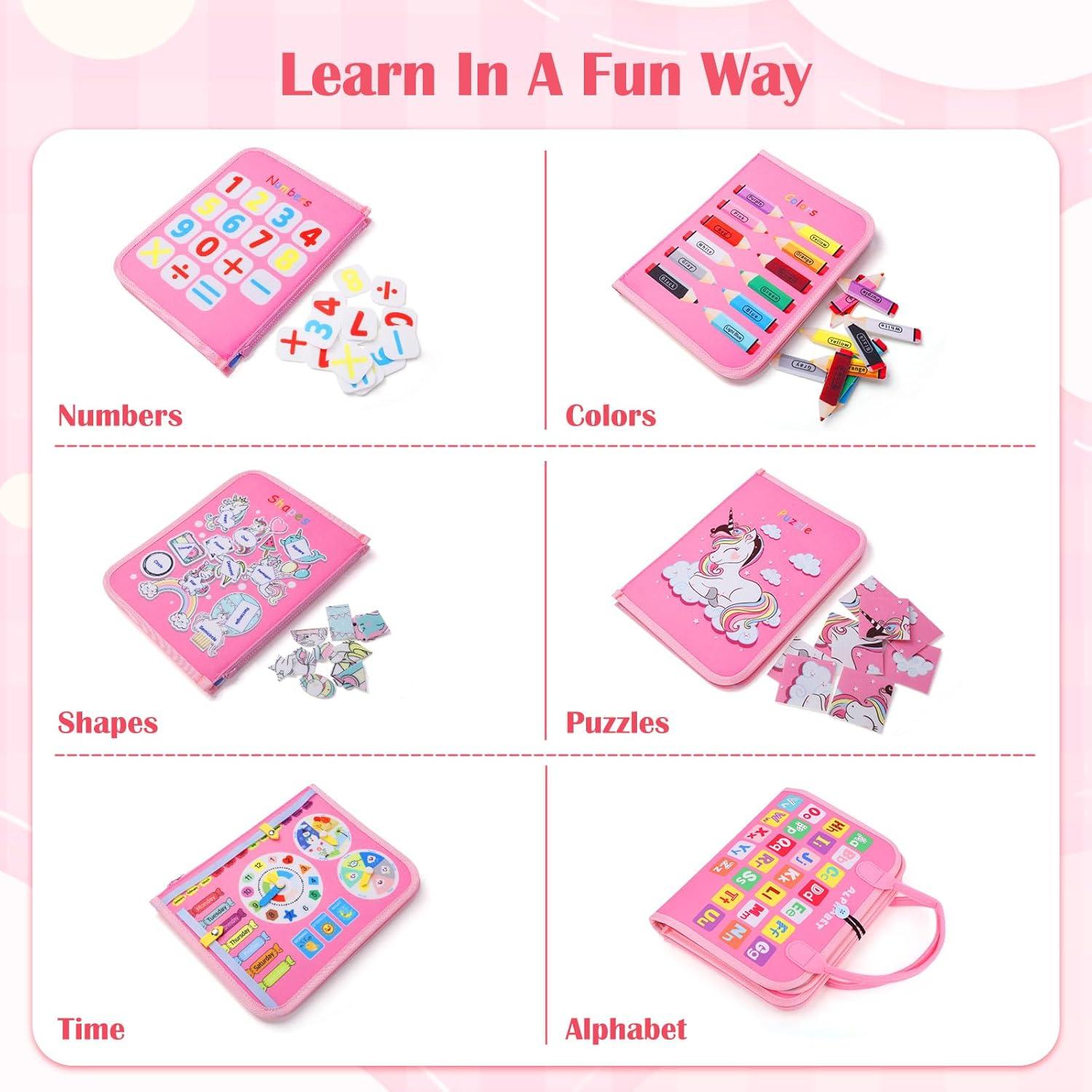 Busy Board, Montessori Toys for 1 2 3 4 Year Old Girl Birthday Gifts, Educational Sensory Toy for Learning Activities Fine Motor Skills, Road Trip Airplane Travel Toys for Toddlers Kids Age 1-3 2-4