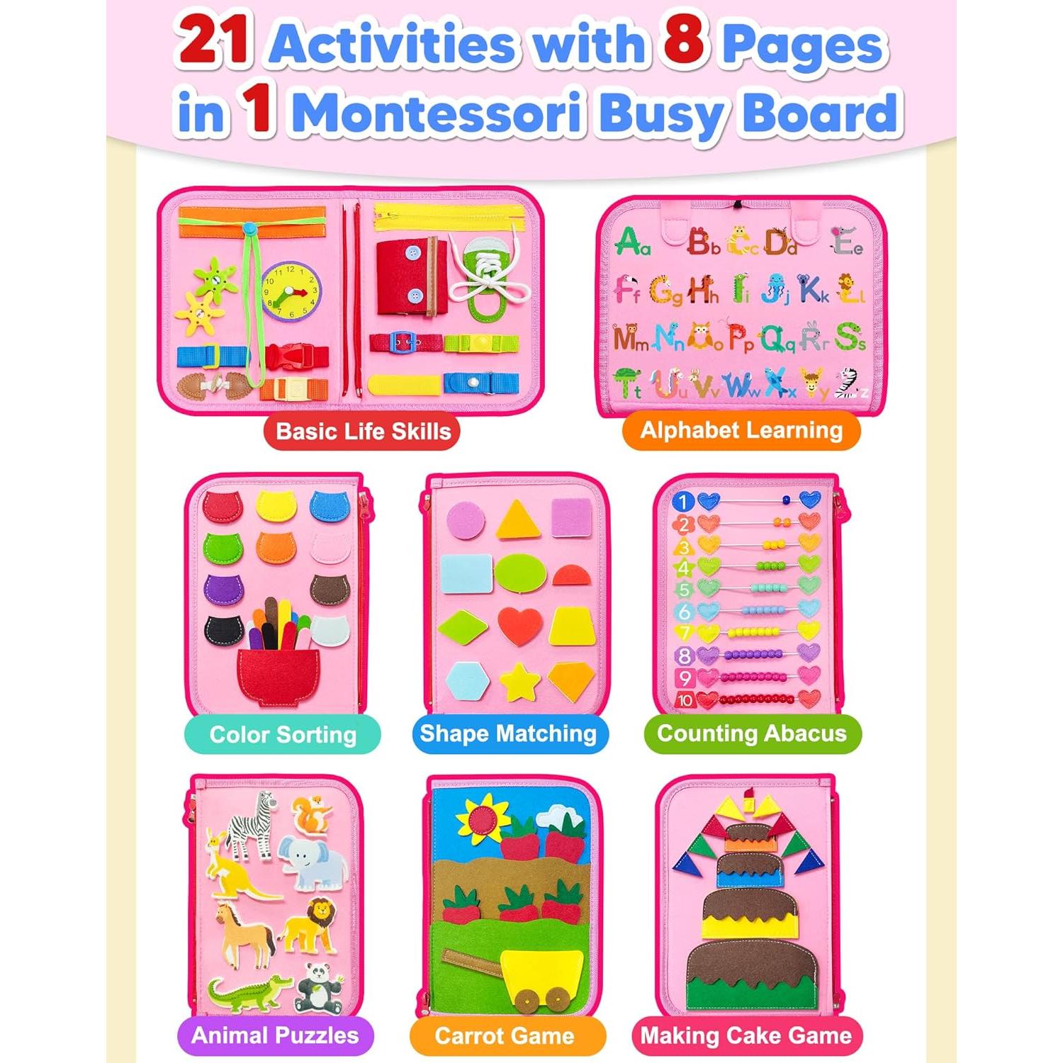 Tablero Ocupado Montessori Exorany Rosa 8 en 1 para Niños